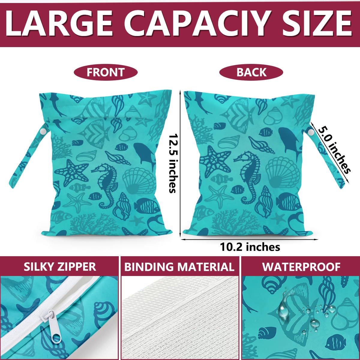 Wet Bag, Waterproof Reusable Wet Dry Bags for Pool, Travel Laundry Bags for Swimsuit Beach Diapers Dirty Gym Yoga Clothes Toiletries Organizer 02, Multi 02431, 10 x 12 inches — view 2