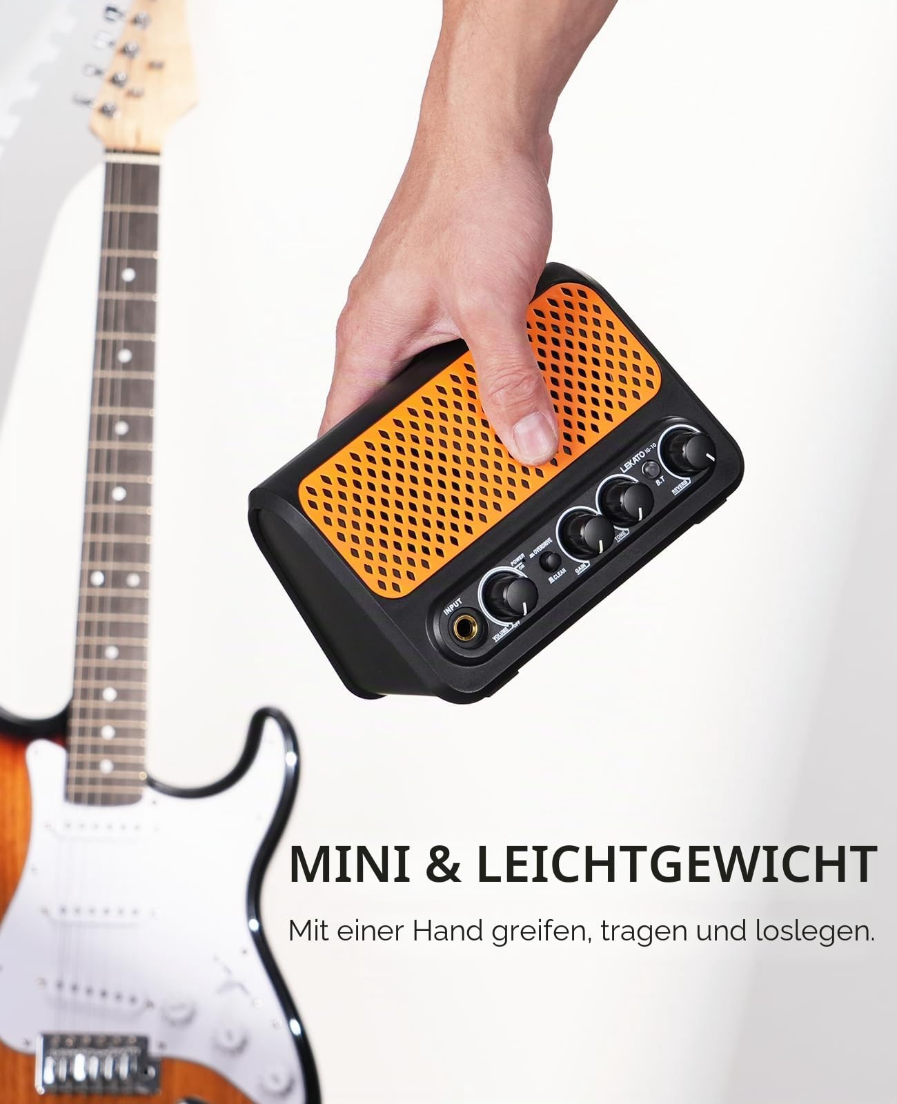 Mini-Gitarrenverstärker, LEKATO 10W tragbarer E-Gitarrenverstärker mit Clean- und Overdrive-Kanal, Reverb und Bluetooth-Verbindung (schwarz-orange)
