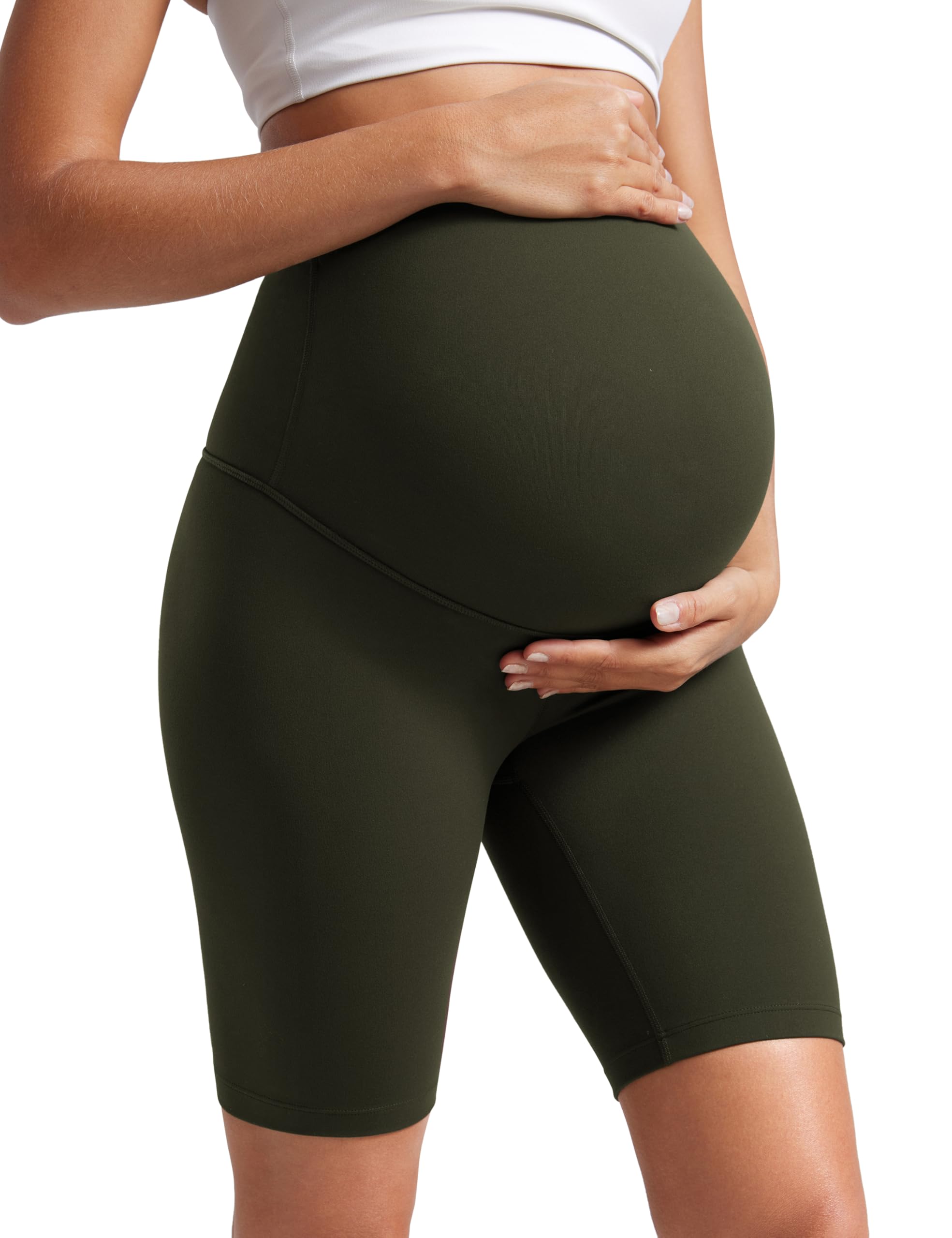 Crz Yoga Women's Olive Green Butterluxe Maternity Shorts Over The Belly - 8" Over Bump Yoga Sports Biker Shorts Pregnancy Leggings 8