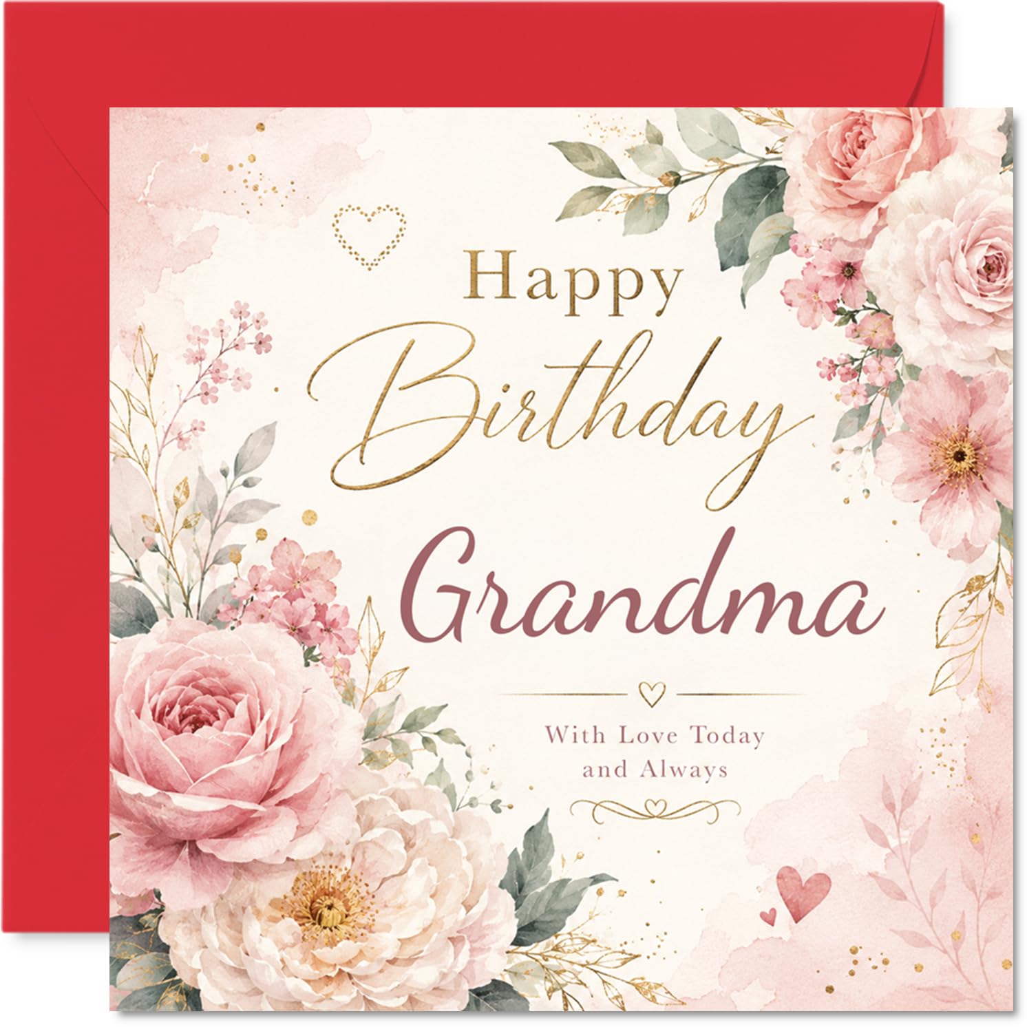 Sentimental Birthday Card for Grandma - Warm Wishes and Heartfelt Love - Watercolour Pink Roses with Gold-foil Hearts - 145mm Square, Envelope Included