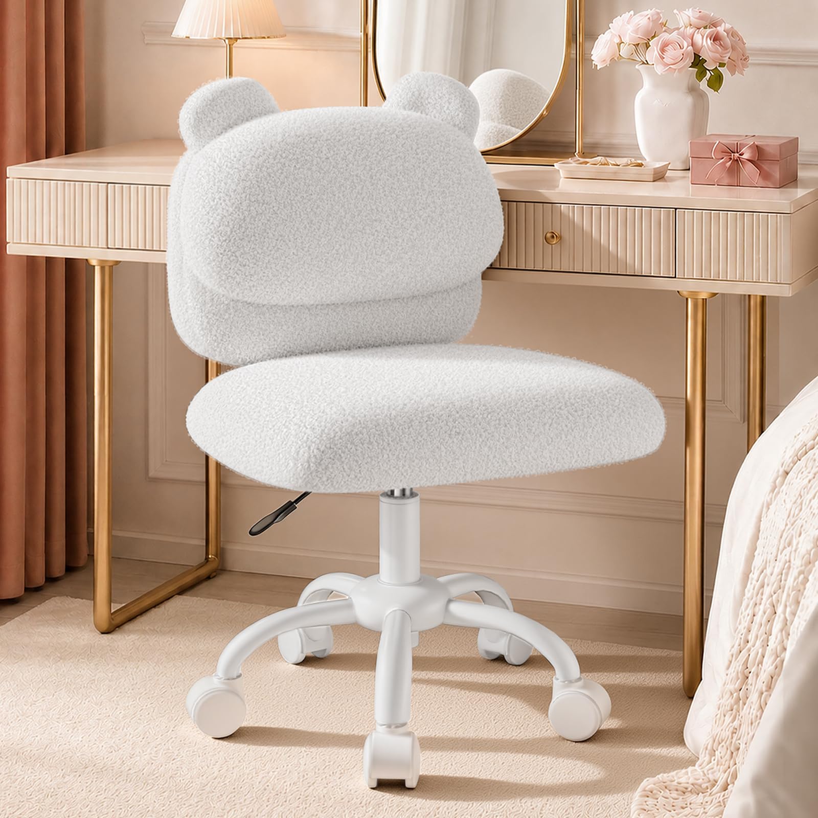 Marsail Schminktisch Stuhl, Schreibtischstuhl aus Teddyfleece, Weiß