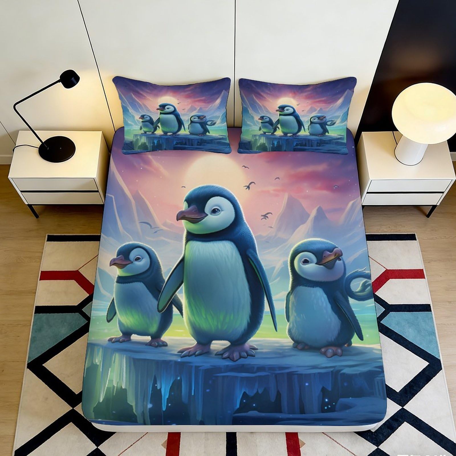 3D Printed Penguin Family Fitted Sheet Microfiber Soft Breathable Arctic Landscape Mattress Cover for Bedroom Dorm Decor 90x200x25cm