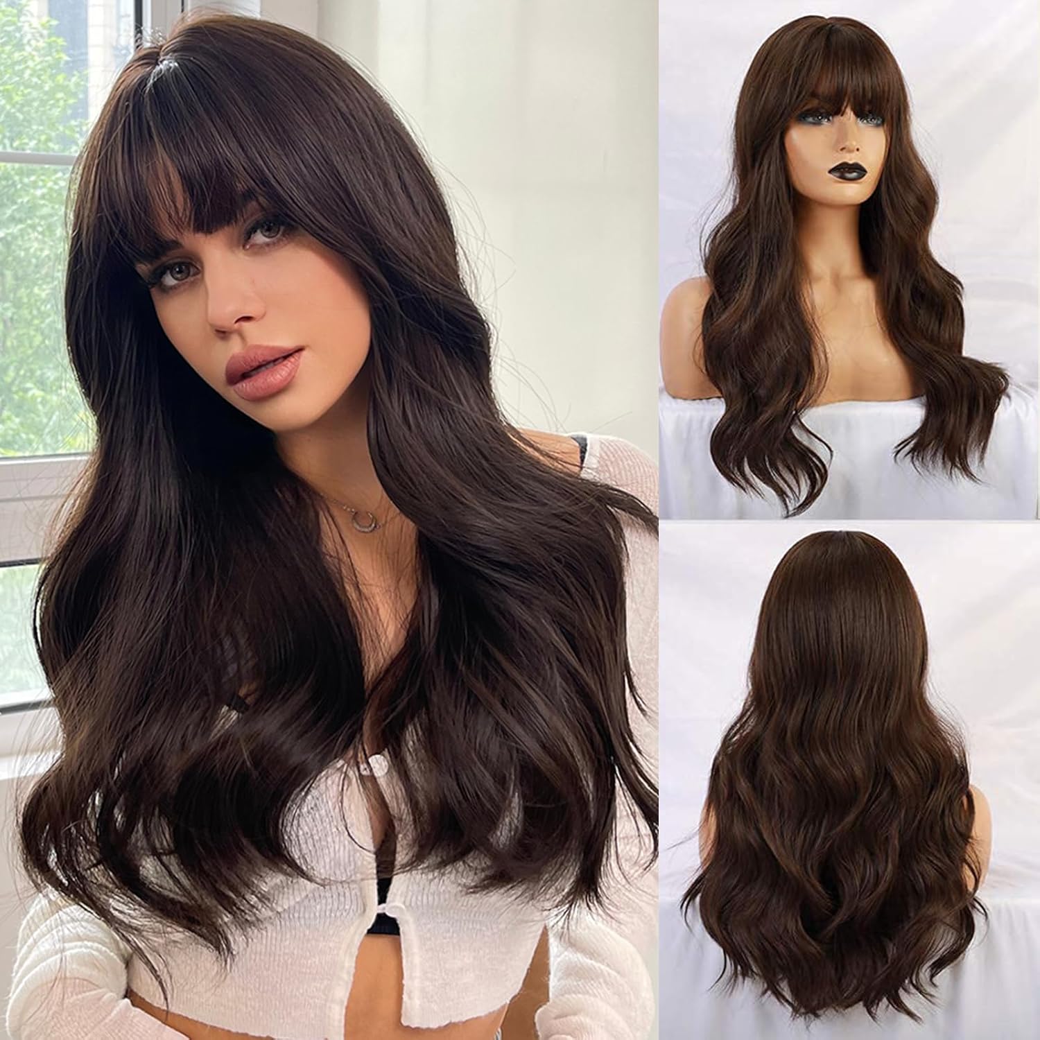 Esmee 24" Long Brown Color Synthetic Natural Wave Wigs with Neat Bangs for White/Black Women Party Wear. Black Brown 24 Inch (Pack of 1)