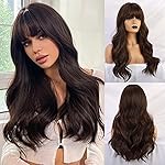 Esmee 24 Dark Brown Synthetic Natural Long Wave Wigs with Neat Bangs for Women