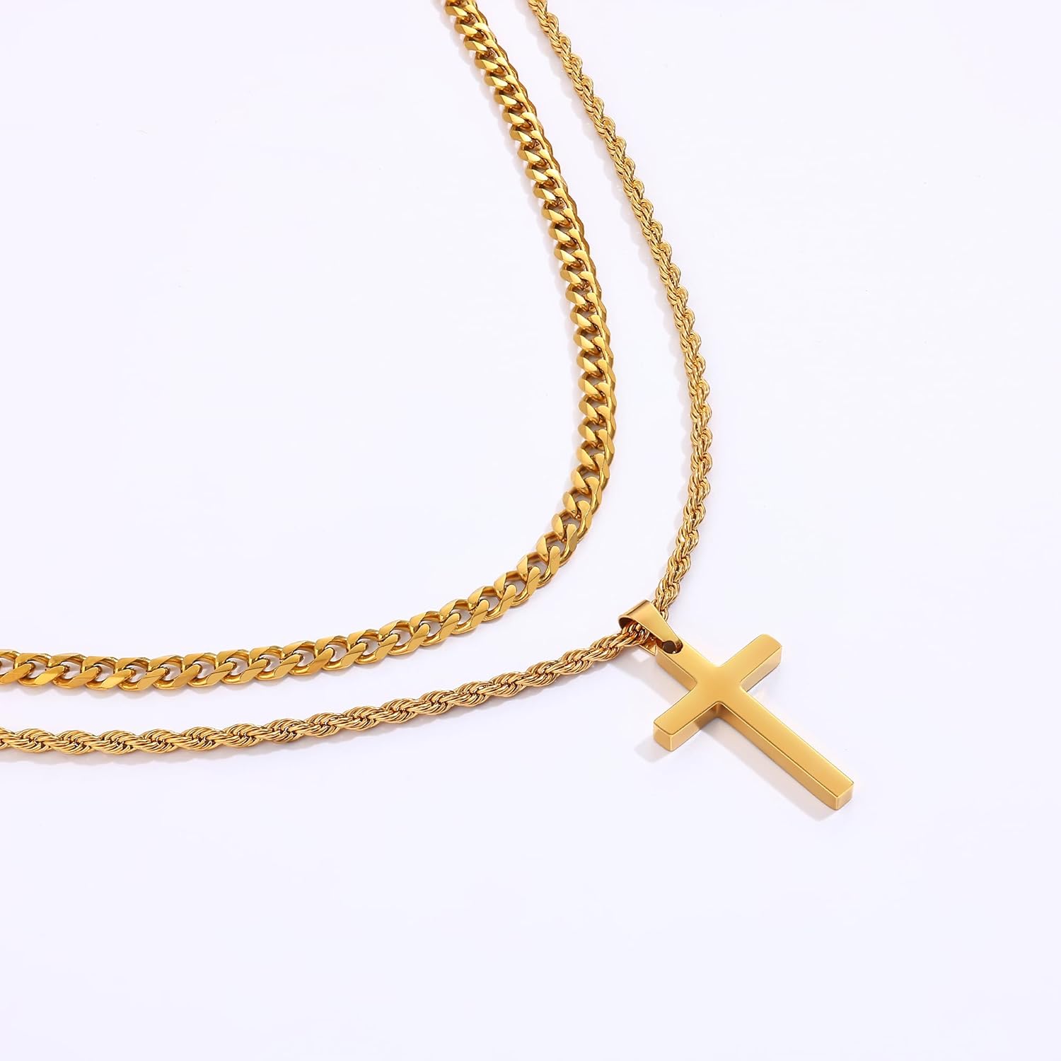 Fiusem Valentines Gifts for Him - 2 Pcs Cross Necklace Chain for Men and Women, Layered Mens Cross Necklaces Stainless Steel Pendant Cuban Link Rope Chain 16-26 Inch, Jewelry Gift - Image 8