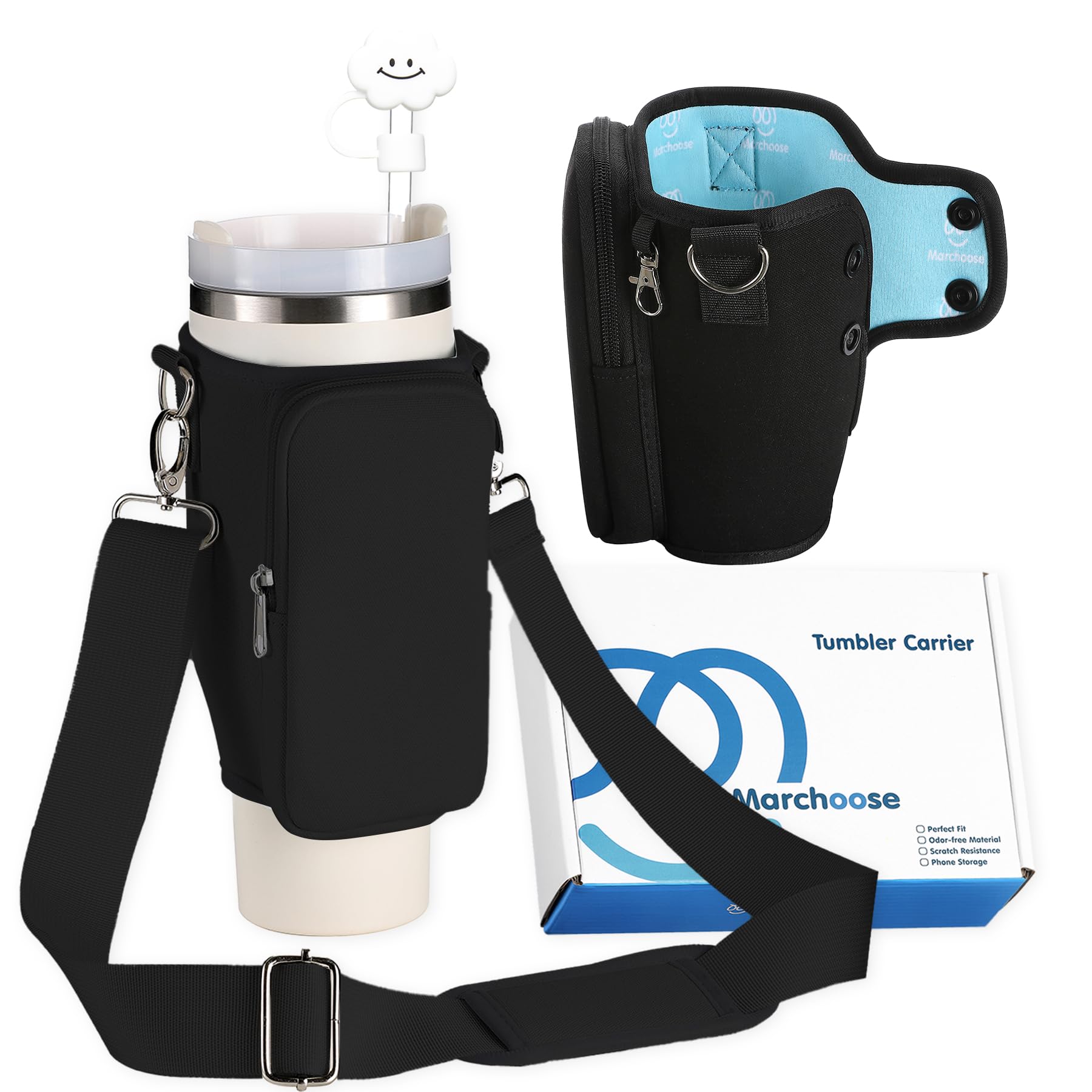 Marchoose Watter Bottle Carrier Bag for Stanley Cup with Phone Pocket, fit for Stanley 40 oz Tumbler & Simple Modern 40oz Water Bottle, Odor-Free Holder Pouch with Adjustable Strap (Black)