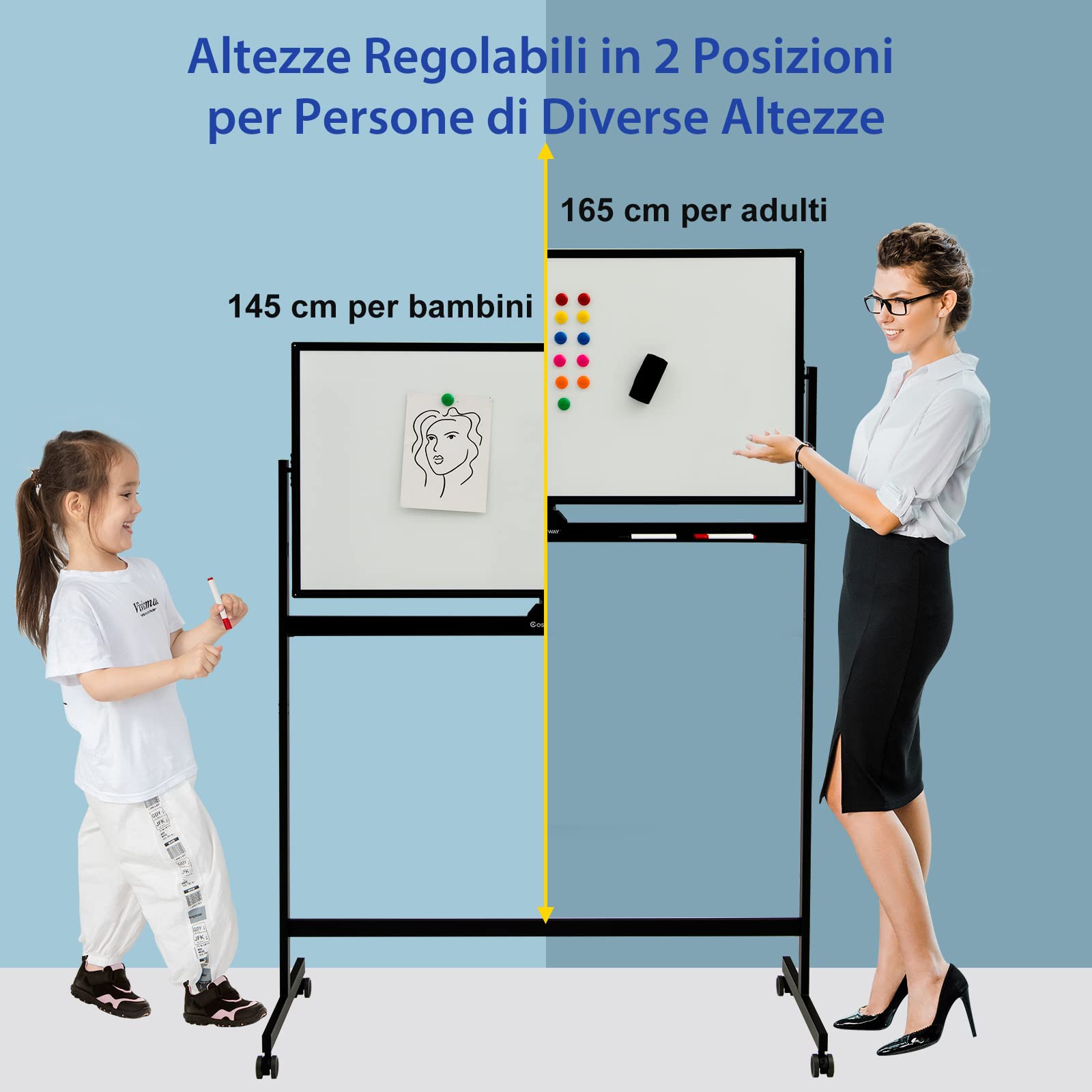 COSTWAY Lavagna Bianca Magnetica Doppia, Design Regolabile in Altezza con Ruote Bloccabili, 6 Pennarelli, 12 Calamite e 1 Cancellino, Ideale per Casa Ufficio e Scuola, 126 x 59 x 145/165 cm (Nero)