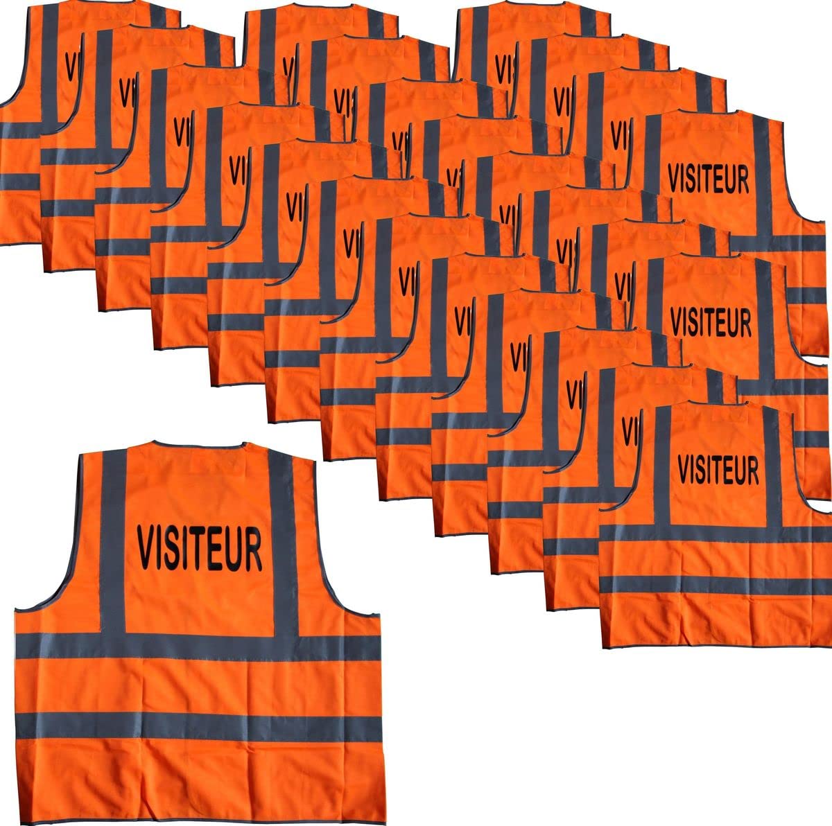 Lot de 25 gilets de sécurité orange fluo marquage au dos VISITEUR - tailles panachées