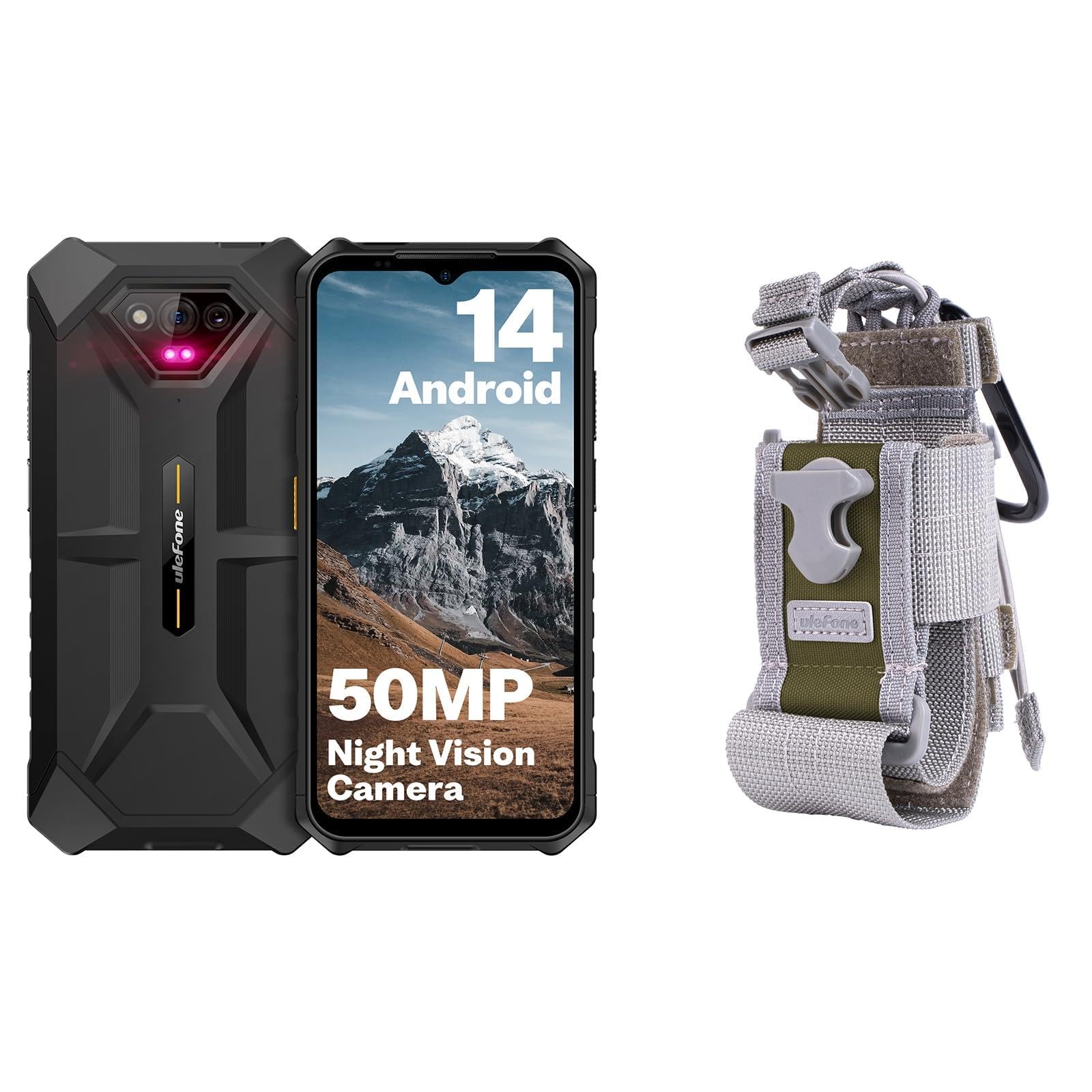 Ulefone Unlocked Rugged Phones, Armor X13 (12+64GB), 50MP Rear Camera, 24MP Night Vision Camera, Armor Holster, Phone Pouch with Carabiner Clip, Universal for Most Phone/Radio