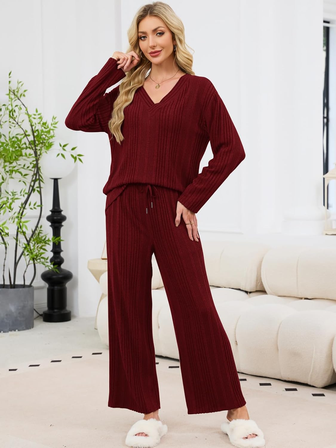 Lounge Sets for Women Ribbed Knit Pajamas 2 Piece Matching Sweatsuits Long Sleeve Sweater Tracksuit Travel Outfits - Image 4