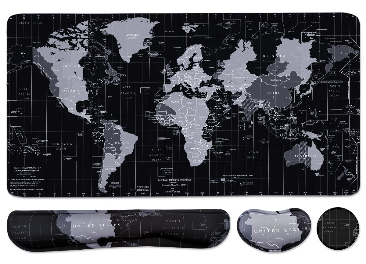Large Mouse Pad Set, Cute Extended Mouse Pad+Keyboard Wrist Rest Support Desk Pad Memory Foam Ergonomic Easy Typing, 35.4×15.7 in Desk Mat Set for Home Office Study Game - World Map