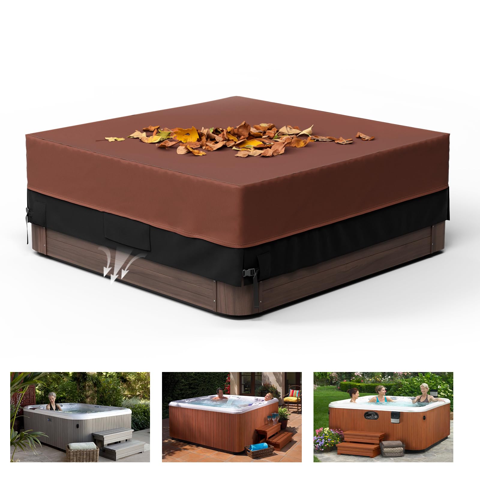 Square Hot Tub Cover, Waterproof 600D Oxford Fabric SPA Hot Tub Covers with Drawstring, Outdoor SPA Bath Pool Dust Cover with Air Vent, Brown+Black(220x220x85CM)-image-41