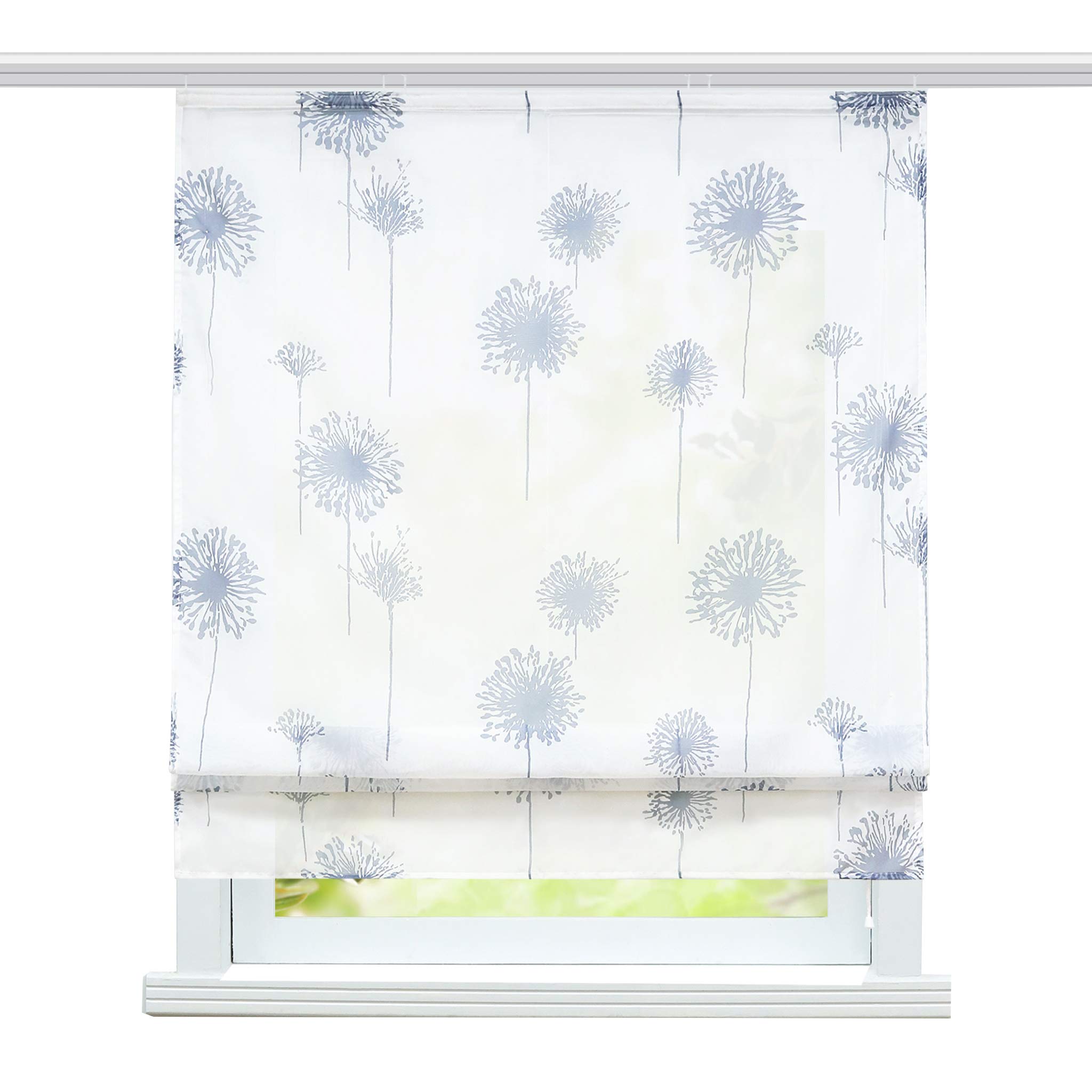ESLIR Raffrollo Wohnzimmer Raffgardine mit Klettband Gardinen Küche Transparent Bändchenrollo Modern Voile Löwenzahn Muster BxH 140x140cm 1 Stück