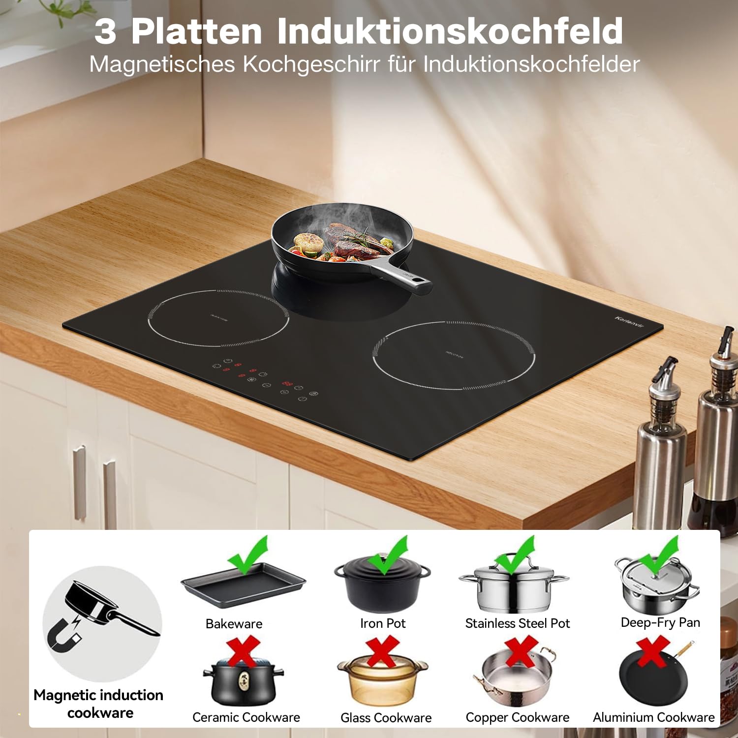 Induktionskochfeld 3 Platten, 60cm Induktionsherd mit Boost | 3500W, 9 Leistungsstufen, Touch-Bedienung, Eingebauter, Sicherheitssperre, Stecker, Timer, Hinweis zur Restwärme