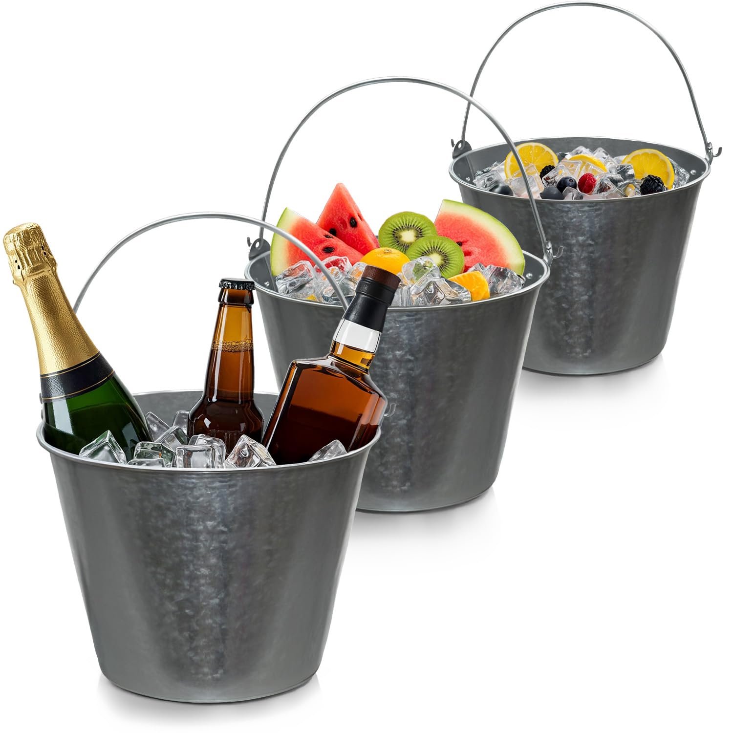 Lot De 4 Seaux à Glace Galvanisés 12L - Pour Fêtes, Bière, Vin, Avec Cuillères, Seaux Métalliques