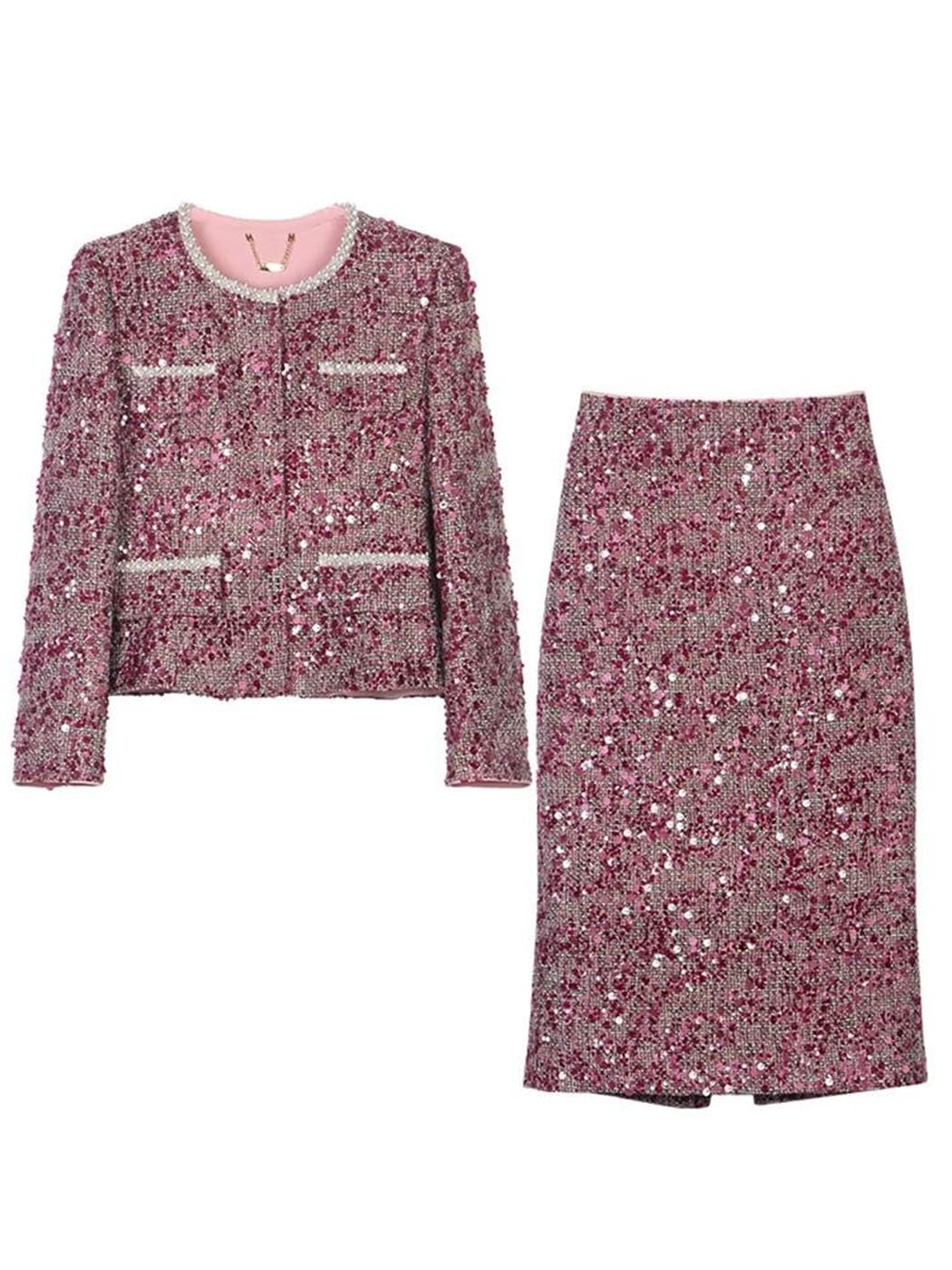 Women Sequin Tweed Jacket and Skirt Set Elegant European Style Two Piece Suit Party Wear