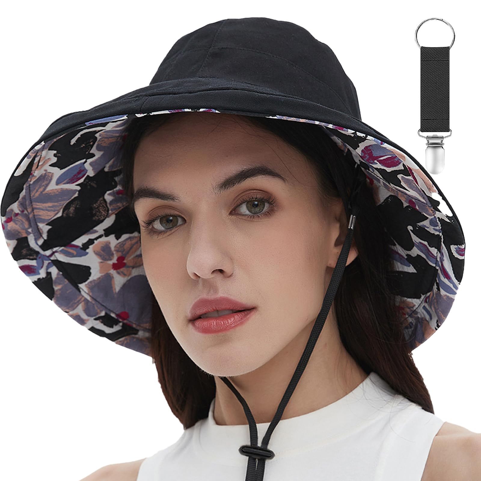 vidsel Wide Brim Reversible Bucket Cotton Hat Women Packable Sun hat with Strings, Hat Clip,UV Protection Travel Cap
