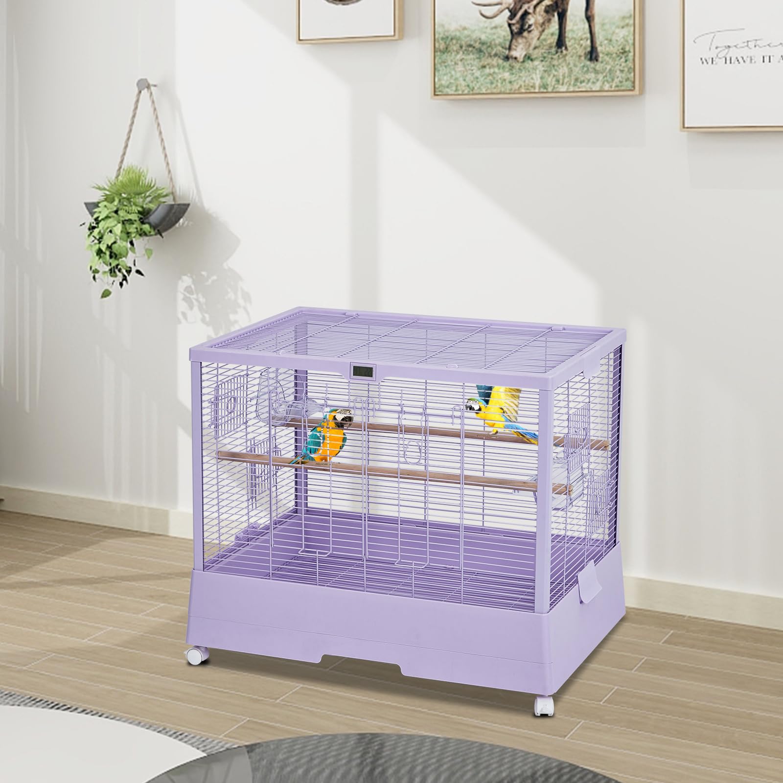 Bird Flight Cage 23-Inch, Wrought Iron Parrot Cage with Rolling Casters, Removable Tray & Perches, Carrier for Parakeet Cockatiels Budgies Small Medium Birds, Purple