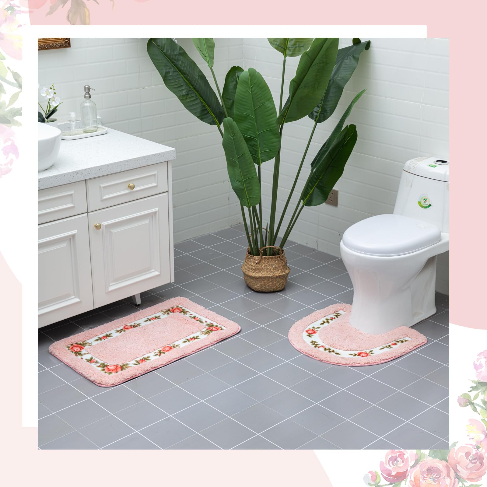 Drydiet 3 tappeti da bagno romantici con rose e fiori, per camera da letto, rosa, assorbente, antiscivolo, per casa, soggiorno, cucina, hotel, WC, pavimento, 2 forme