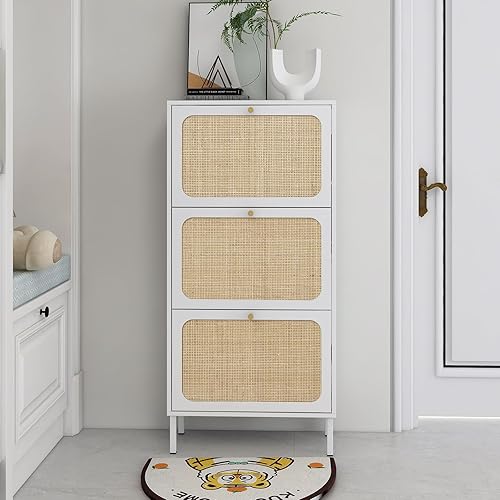 YHAOWORKS Gabinete de zapatos de ratán natural con 3 cajones abatibles, zapateros de pie con patas de metal para tacones, botas, pantuflas (blanco)