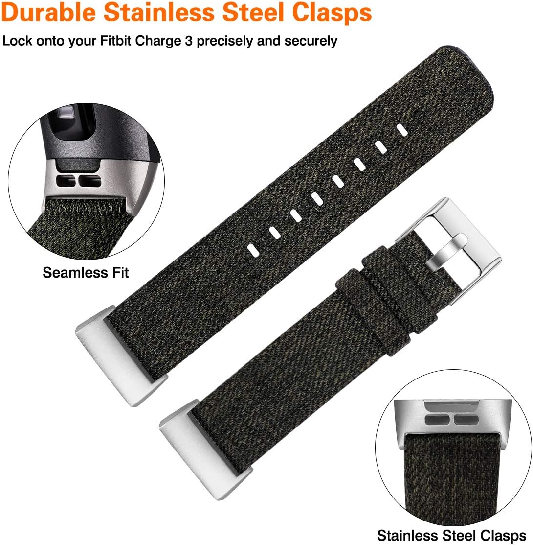 Maledan Compatible with Charge 4/ Charge 3 and Charge 3 SE Bands for Women Men, Durable Woven Fabric Replacement Band with Stainless Steel Buckle, Large, Dark Green