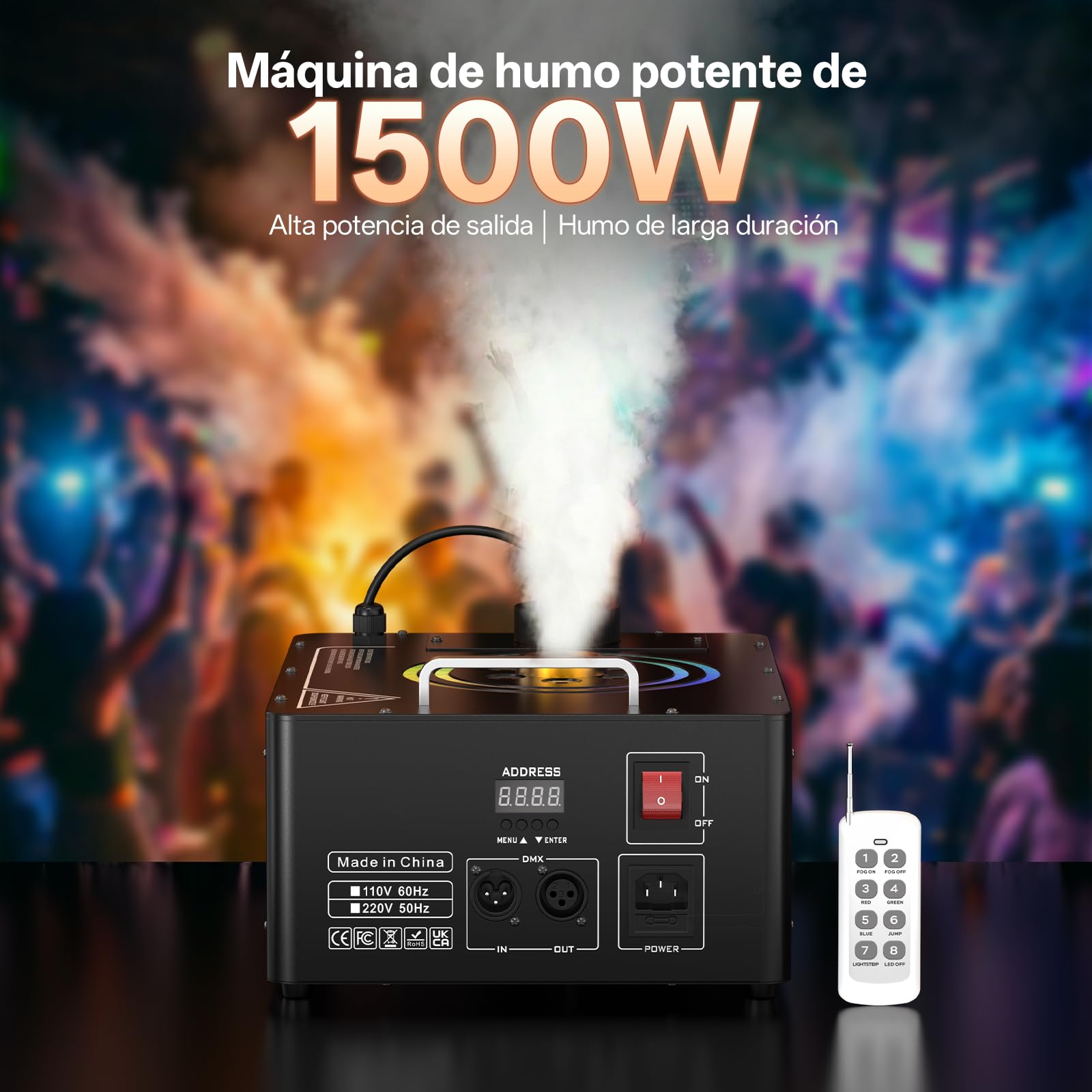 Máquina de Humo, 1500W Suspendible Fog Machine DMX con 6 RGB LED y Anillos Luminosos, 3000CFM con Remotos Inalámbricos y 4 Efectos de Iluminación para Halloween Navidad Fiesta Bodas DJ