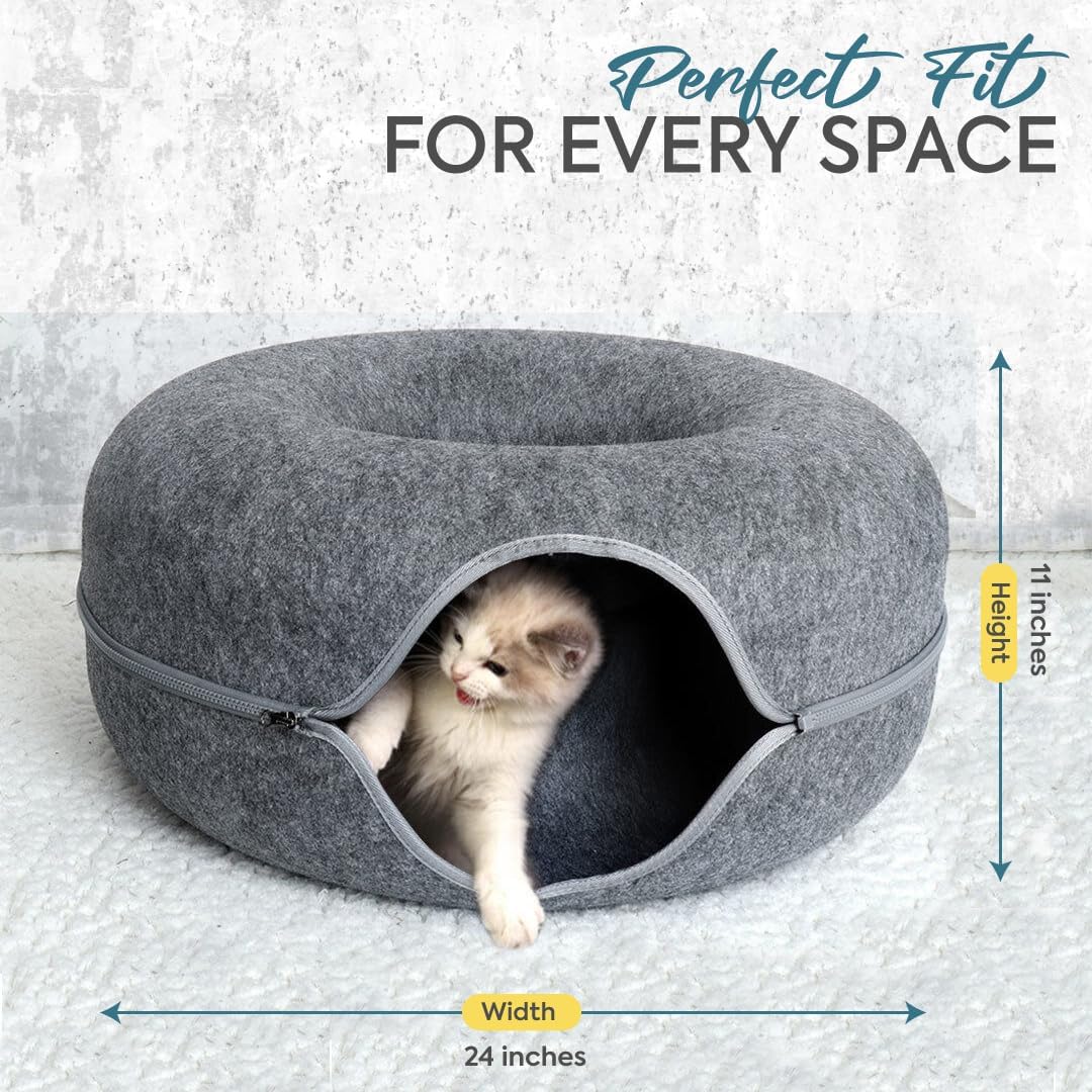 laluz 2021 large cat tunnel bed for indoor cats up to 30 lbs peekaboo donut cave with catnip and plush toys scratch resistant felt design detachable and washable cat tunnel (dark grey, l) dark grey l