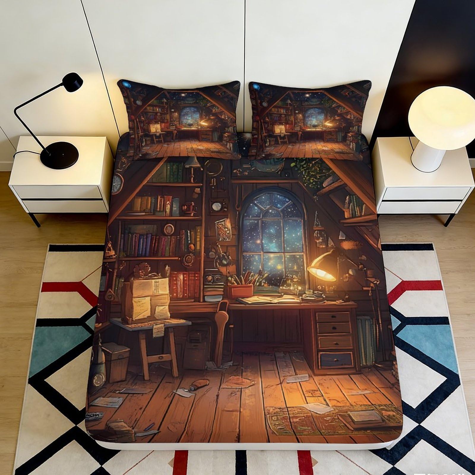 Uxinyoume Style-5 3D Printed Vintage Library Fitted Sheet Microfiber Anti-Slip Book Nook Bed Cover Machine Washable Bedroom Decor 90X200x25cm