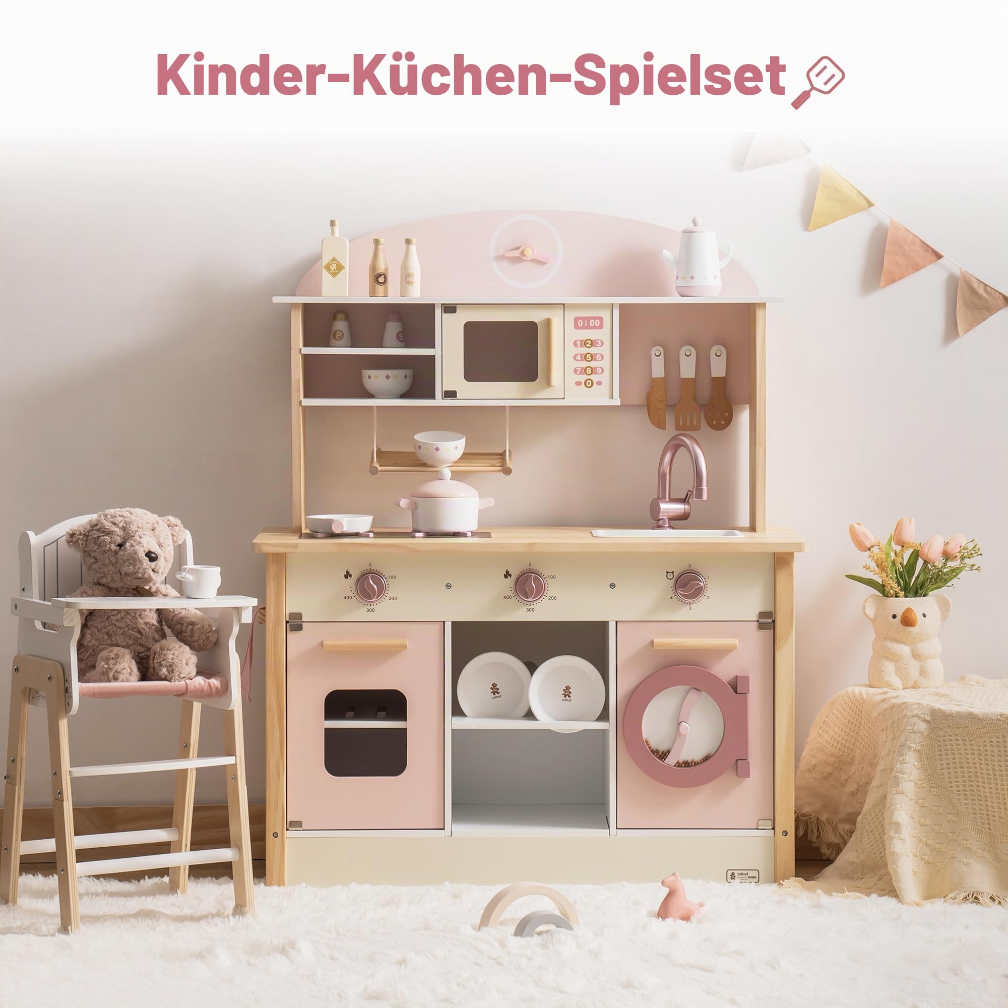 ROBUD Spielküche für Kinder Kleinkinder, Spielküche aus Holz mit realistischem Zubehör, Spielzeugküche Set mit vielen Spielfunktionen, moderner Stil Spielzeugküche für Mädchen & Jungen, Geschenk ab 3