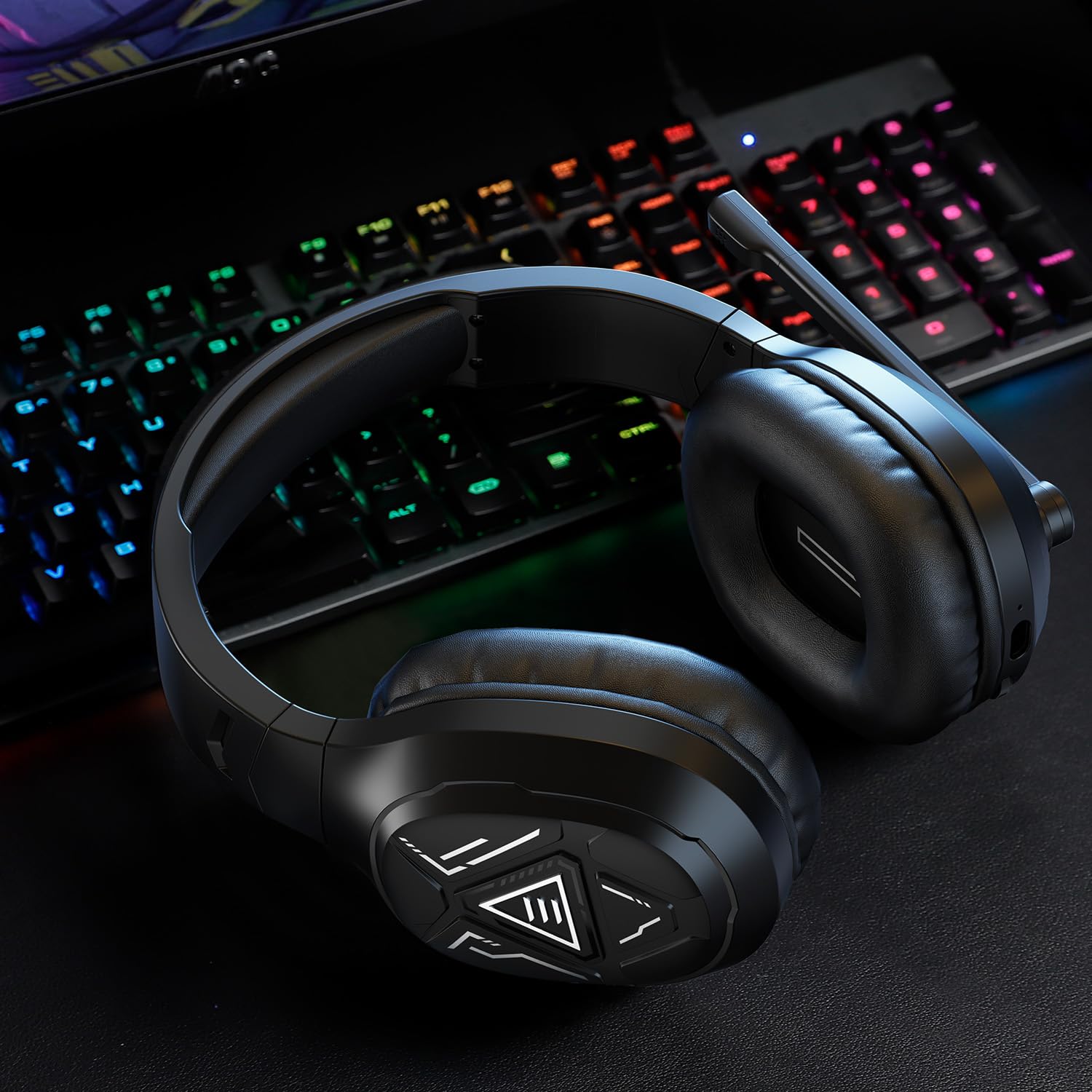 EKSA - Cuffie da gaming wireless per PS4 PS5 PC, cuffie Bluetooth 2.4G con microfono, suono Surround 7.1, ENC e luce RGB, cuffie da gaming USB senza fili, 52 ore di durata della batteria, jack da 3,5