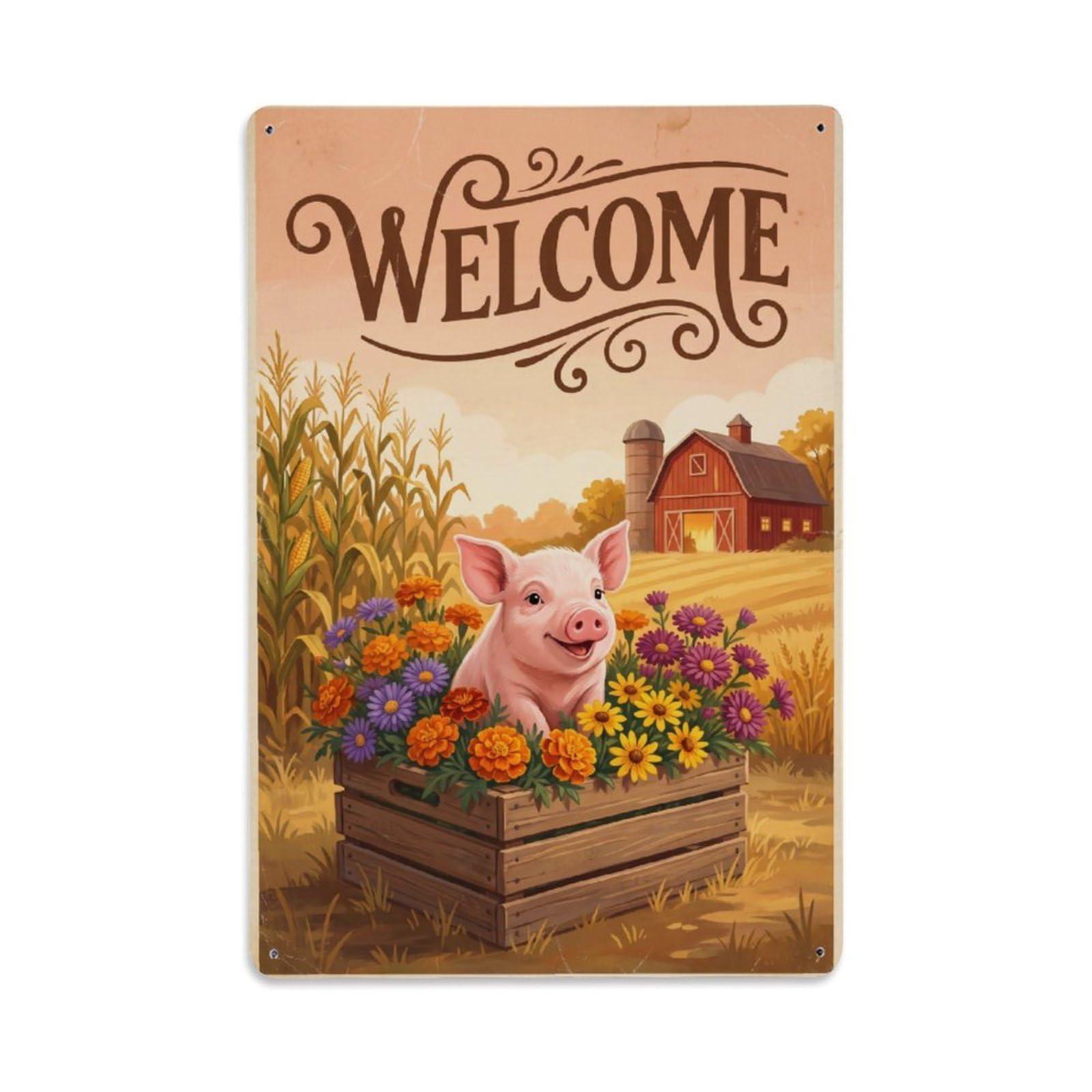 Vintage Welcome Pig Joyful Vibes Metal Tin Sign