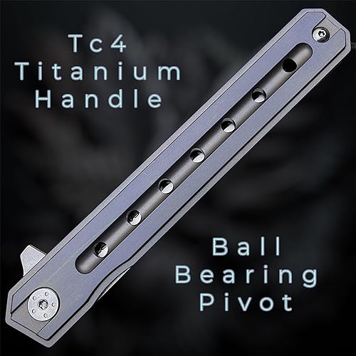 Miniatura 5 de TACTICAL GEARZ Cuchillo plegable de bolsillo de titanio para EDC! Mango de titanio sólido Tc4. Hoja tanto de acero D2 (Onyx Midnight)