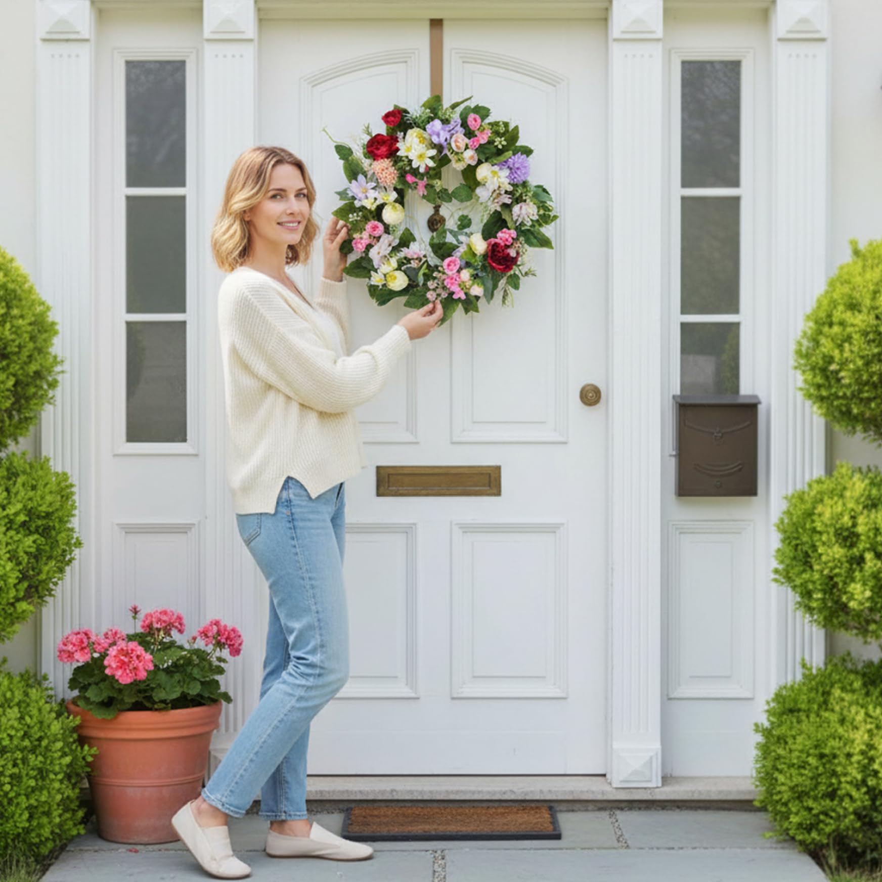 Ghirlanda floreale Ghirlanda di fiori di seta artificiale da 16 pollici con peonia e giglio per decorazioni per la casa tutto l'anno.