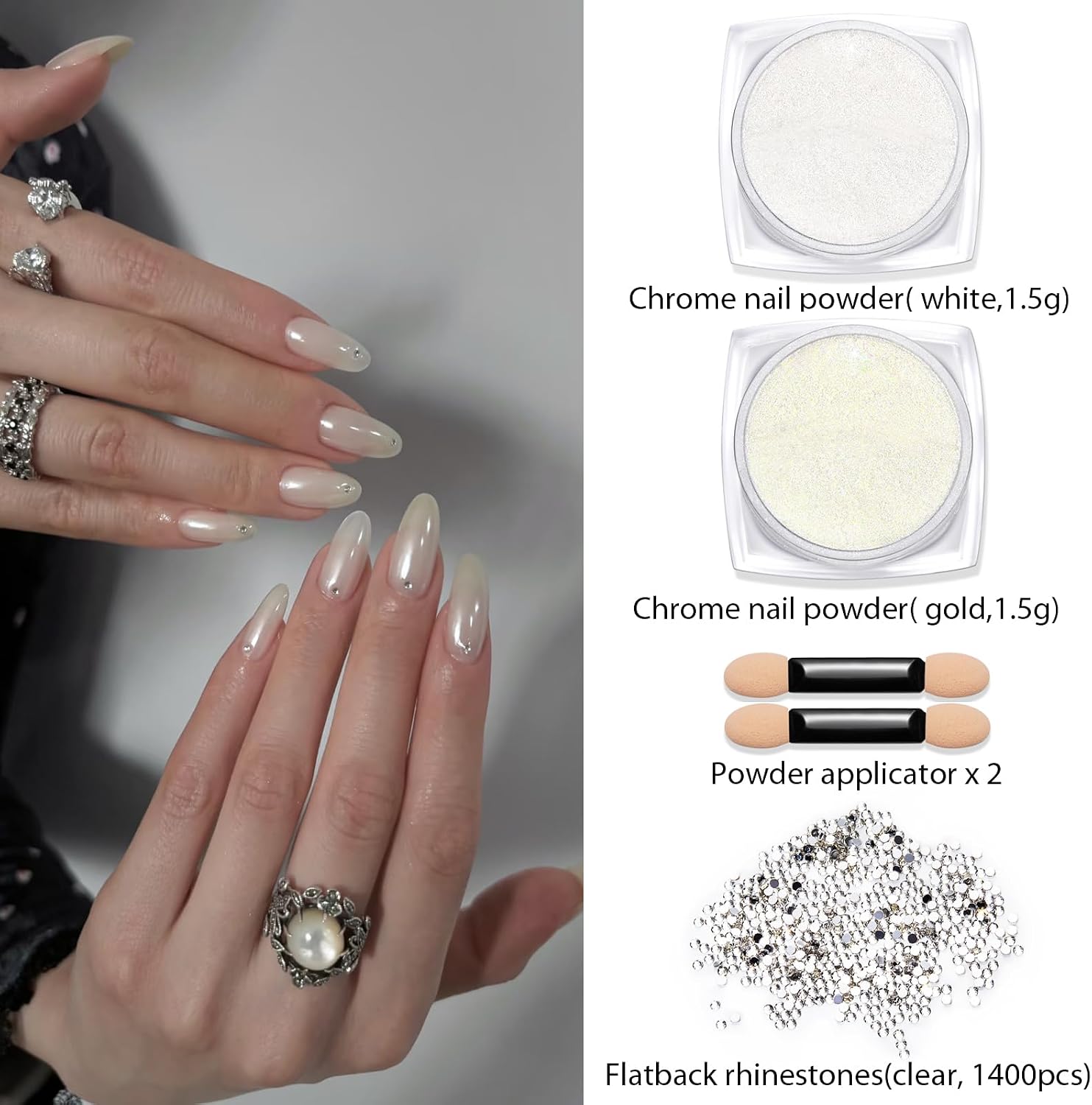 LIGHT RAIN 1.5g White Pearl Chrome Nail Powder Kit - Glass and Pearlescent Transparent Glitter Dust, 1400pcs 2mm Flatback Clear Crystal Rhinestones, 1 Applicator for Nail Art