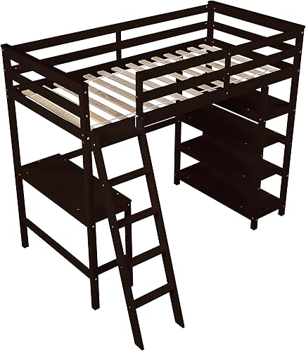 Miniatura 6 de ODC Cama tipo loft individual con escritorio y estantería para adolescentes y adultos marco de cama alto de madera maciza con escalera