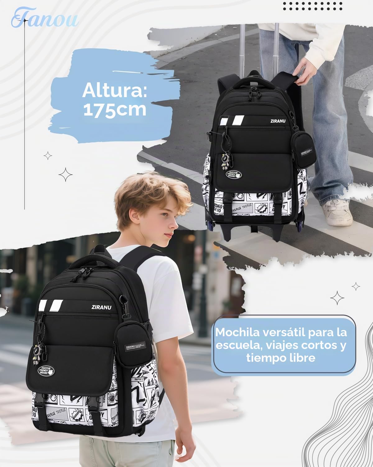 Tanou Mochila con Ruedas Niño de Instituto, 6 Ruedas, 28L | Mochilas Escolares Grandes para Adolescentes con Carro, Trolley Desmontable para Chico con Monedero, Negro