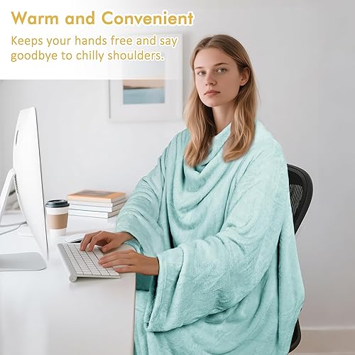 Miniatura 4 de Catalonia Manta de vestir con mangas y bolsillo, acogedora manta de forro polar suave de visón de microfelpa para mujeres y hombres