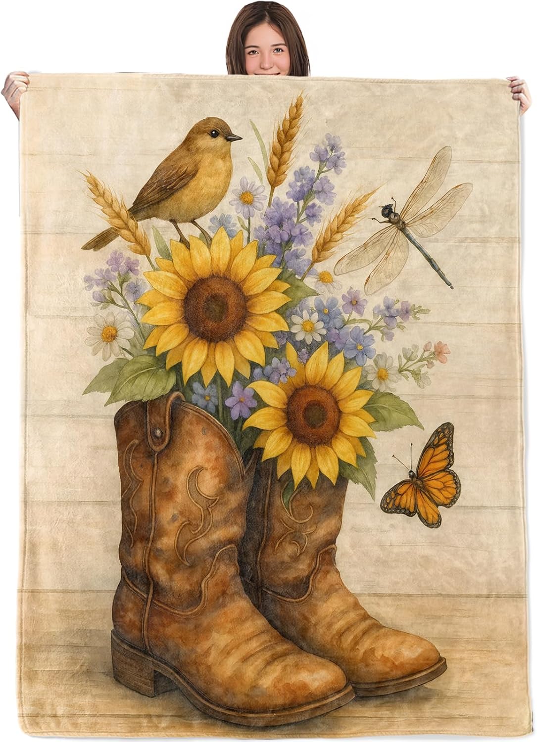 Rustic Sunflower Cowboy Boot Blanket,60x80in,Flannel Throw with Country Western Style Bird Dragonfly Butterfly Design,Soft Lightweight Gifts Blankets for Women,Sofa Bed Travel Farmhouse Decor