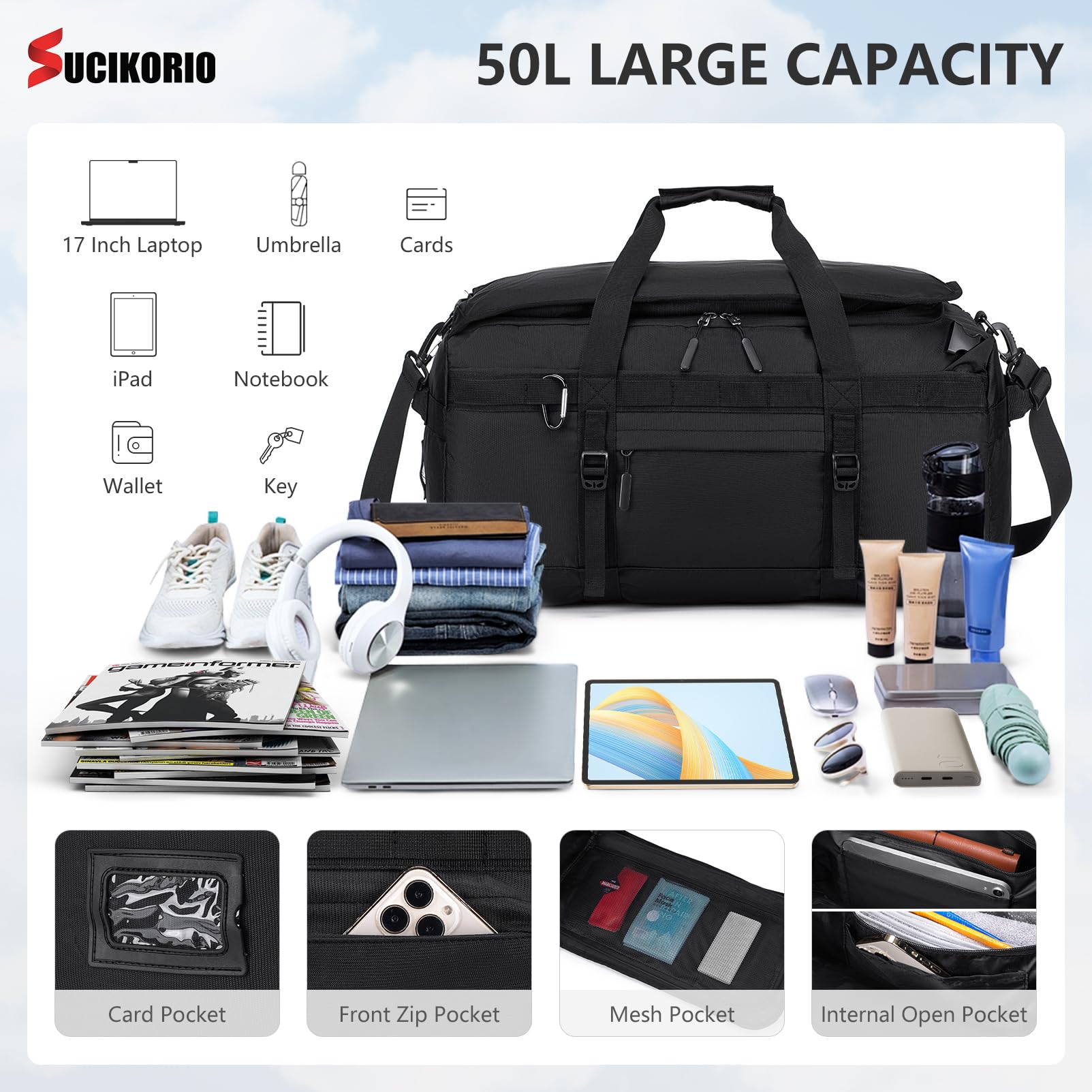 55x35x25cm KLM Bolsa Viaje Cabina Avion, 3 IN 1 Mochila Viaje Cabina Avion Impermeable Bolso de Mano Viaje Grande 50L Maleta Cabinas Travel Bag Bolsa Deporte con Bolsa Húmeda Mujer Hombre