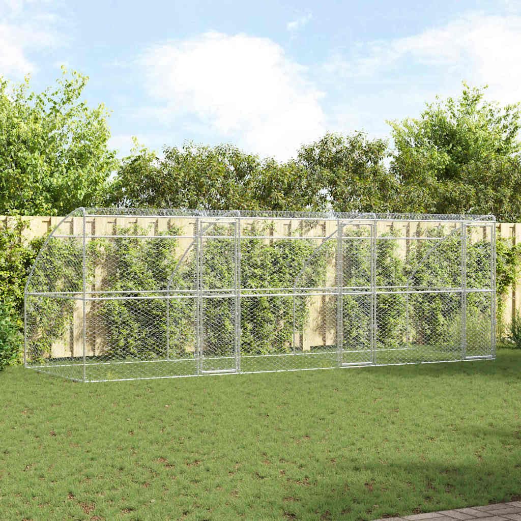 Gabbia per cani in acciaio zincato, 600 x 200 x 200 cm, 3 pezzi, argento, con tetto a rete e sistema di serratura, ideale come cuccia per cani, cuccioli, recinto per giardino, terrazza