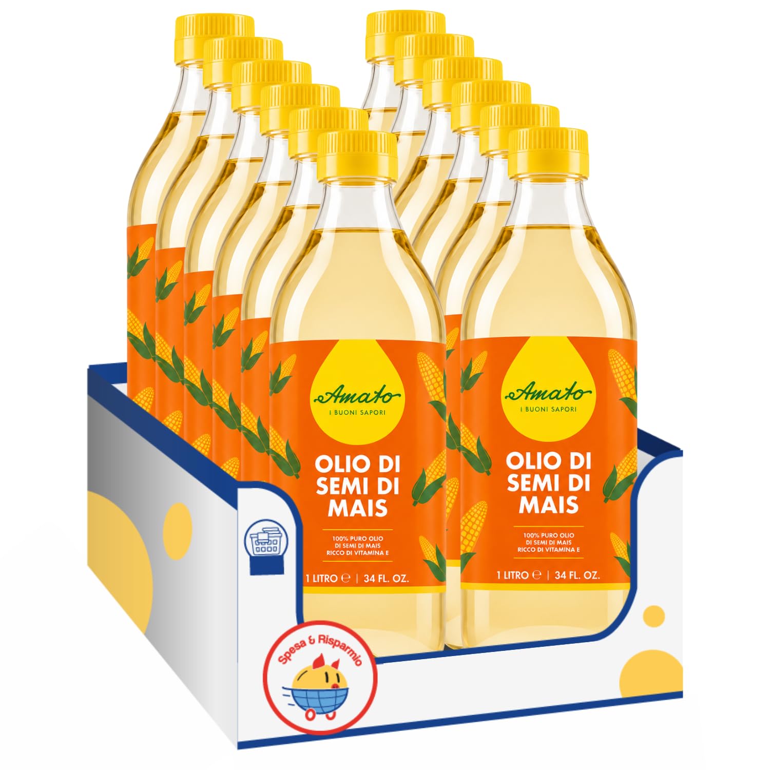 Amato Olio di Semi di Mais 1 Litro, Olio Alimentare per Fritture, Cottura e Condimenti, Bottiglia PET, Confezione Multipla da 4/8/12 Pezzi (12 PEZZI)