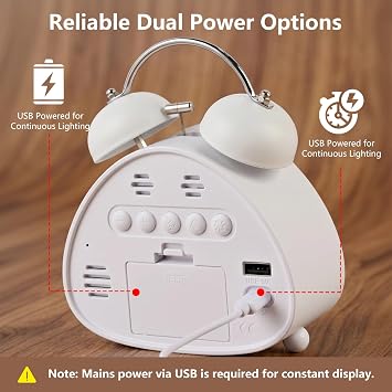 Lumive Loud Alarm Clock for Heavy Sleepers, Twin Bell Digital Clock with Large LED Display, Extra Loud Ringtone, Bedside Clock for Bedrooms, Dual Alarms, 3 Brightness, USB Powered, White