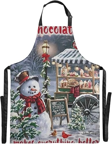 Miniatura 2 de JUNZAN Delantal de cocina de muñeco de nieve de chocolate caliente con bolsillos, delantales de jardinería ligeros, delantales artísticos para