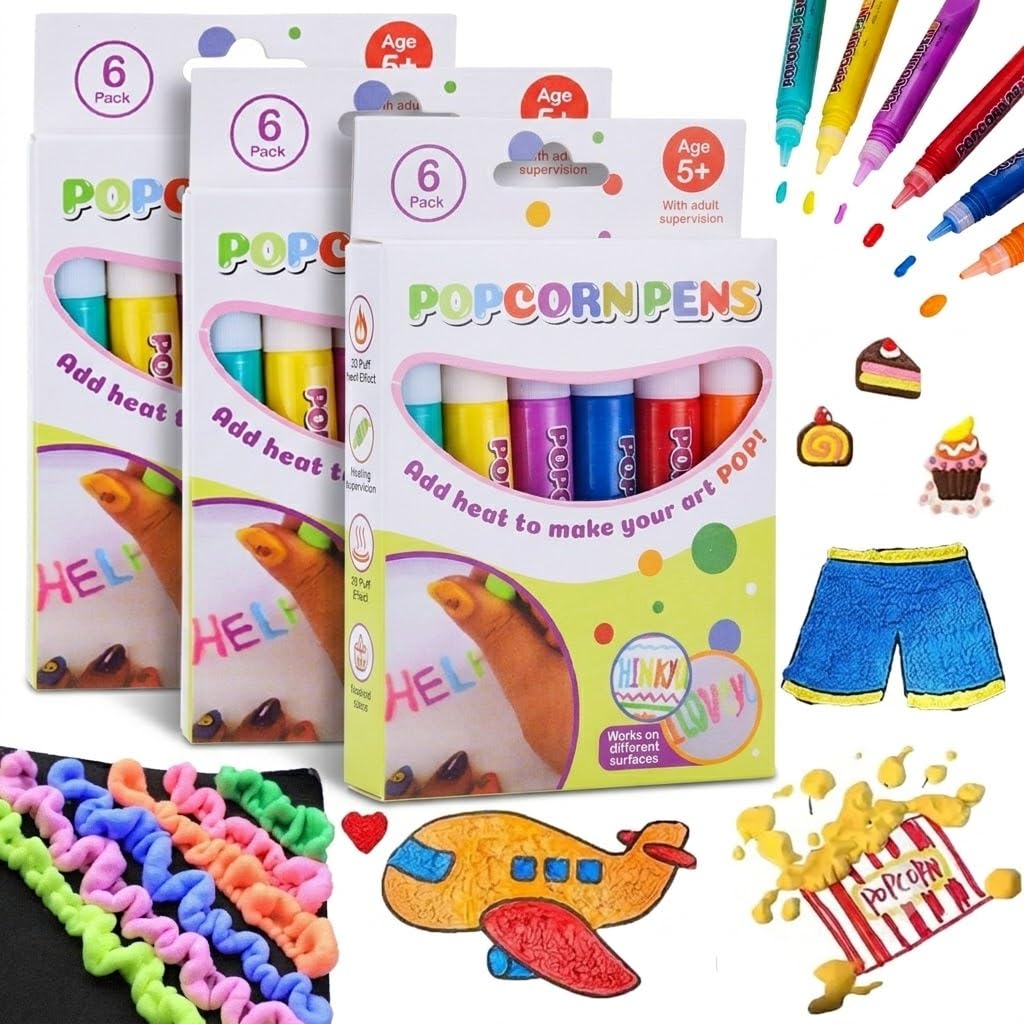 6/12 colors 3D Popcorn Pens, Magic Puffy Bubble Drawing Pen Kit，6 colors：3