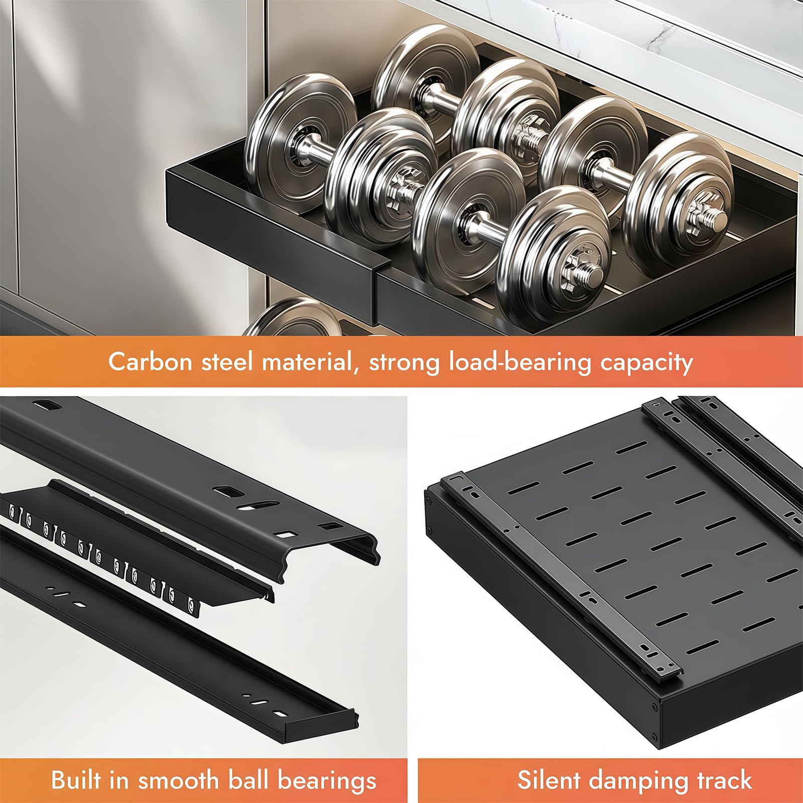 2 Pezzi Cassetto Telescopico per Cucina, Cassetto Estraibile per Mobile Cucina con Colla, Cassetto Organizzatore scorrevole telescopico, Larghezza Regolabile 32-53cm (Nero)