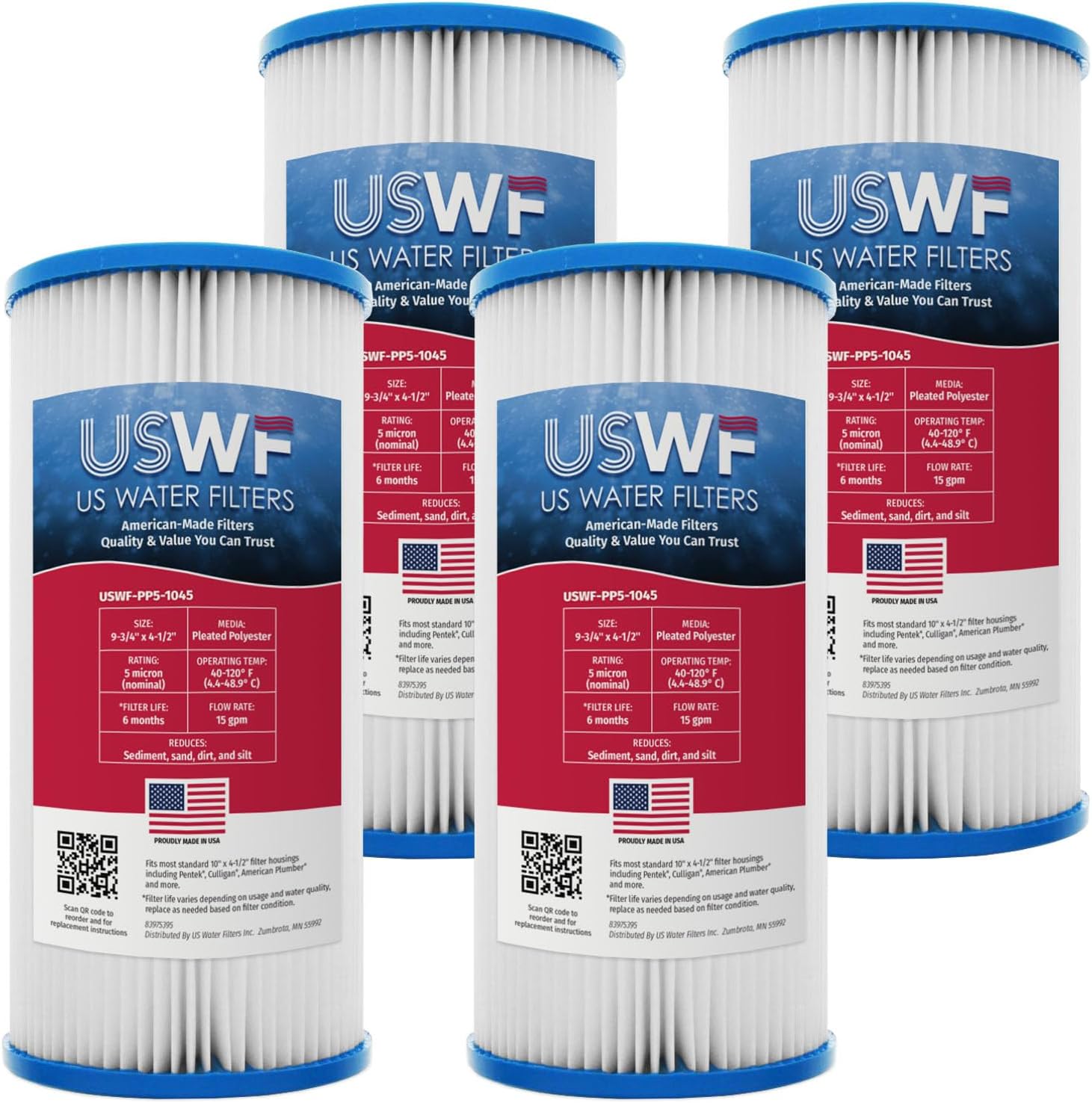 5 Micron 10 Inch x 4.5 Inch | 4-Pack Pleated Polyester Whole House Sediment Replacement Cartridge | Compatible with Culligan CP5-BBS, Hydronix SPC-45-1005 | Made in the USA, US Water Filters