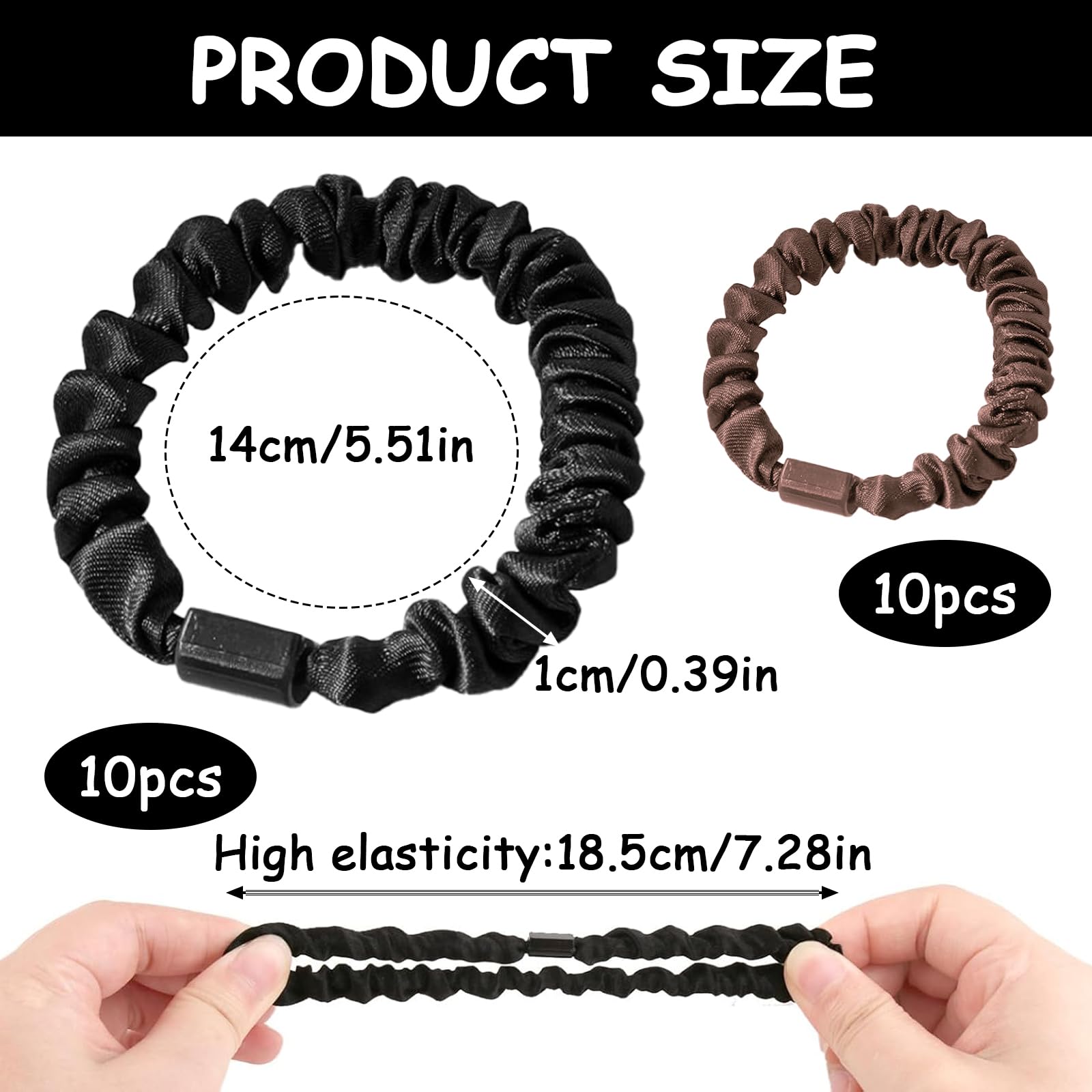 Silk Skinny Scrunchies Set 20 PCS 100% Pure Mulberry Silk Hair Ties Elastics Satin Hair Bands Girls Silk Bobbles Ponytail Holders Sleepy Hair Accessories No Damage for Curly Long Hair (Black - Image 2