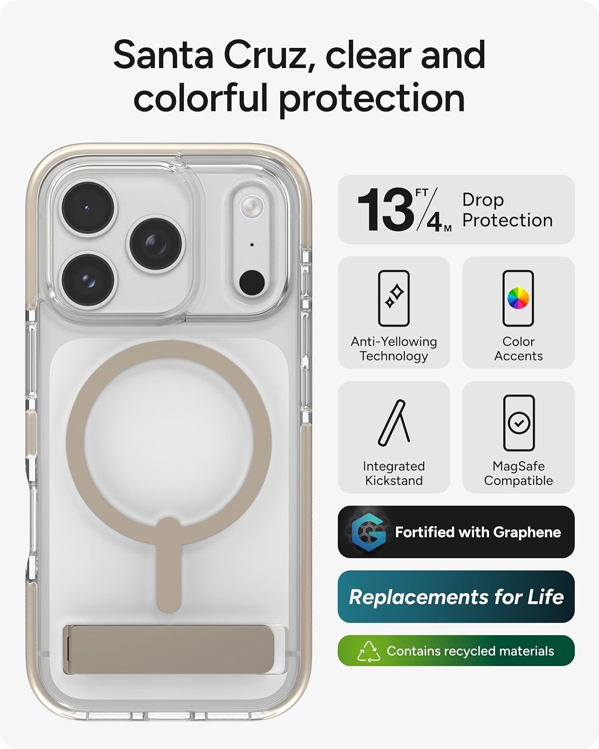 ZAGG Santa Cruz Snap Case with Kickstand for iPhone 17 Pro - Titanium, Drop Protection (13ft/4m), MagSafe Charging Compatible, ClearGuard Anti-Yellowing Technology, Scratch Resistant Phone Case - Image 2