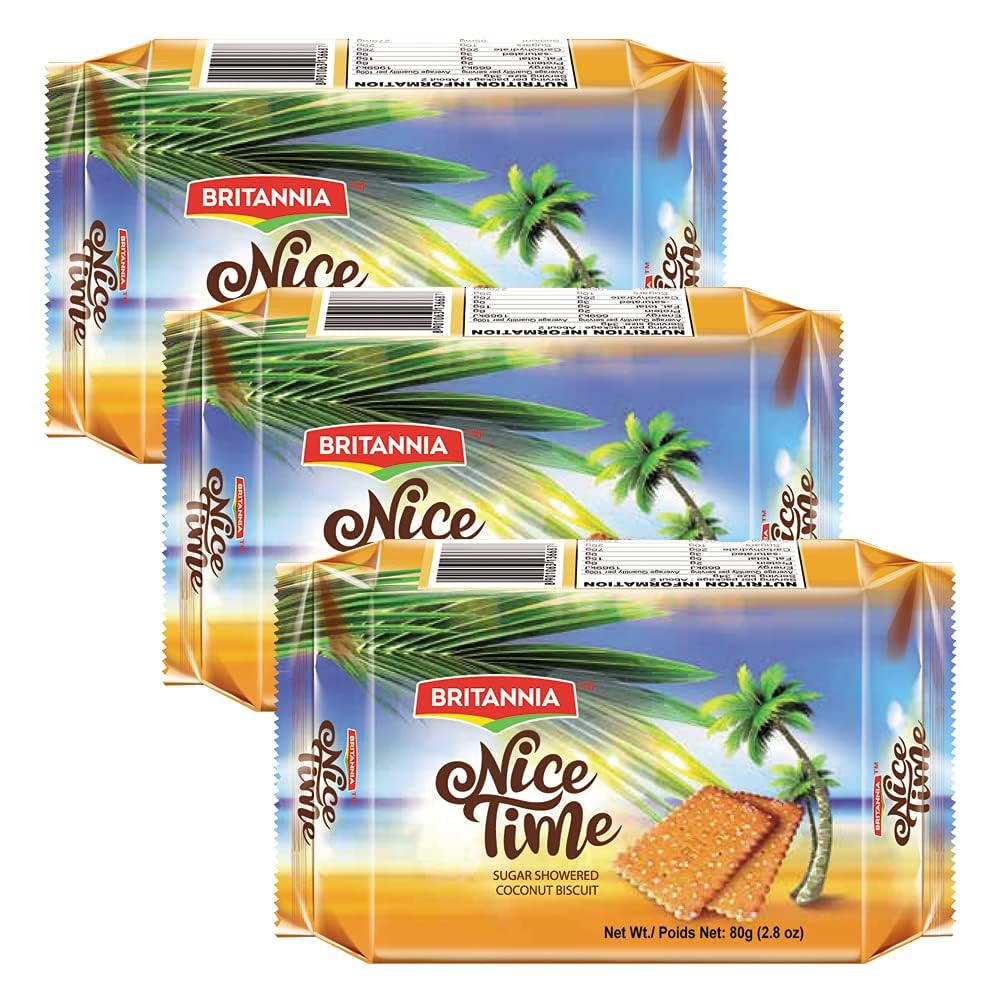 Britannia Nice Time 2.8oz (80g) - Delicious Coconut Biscuit Crunchy - Kids Favorite Breakfast & Tea Time Snacks (Pack of 3)