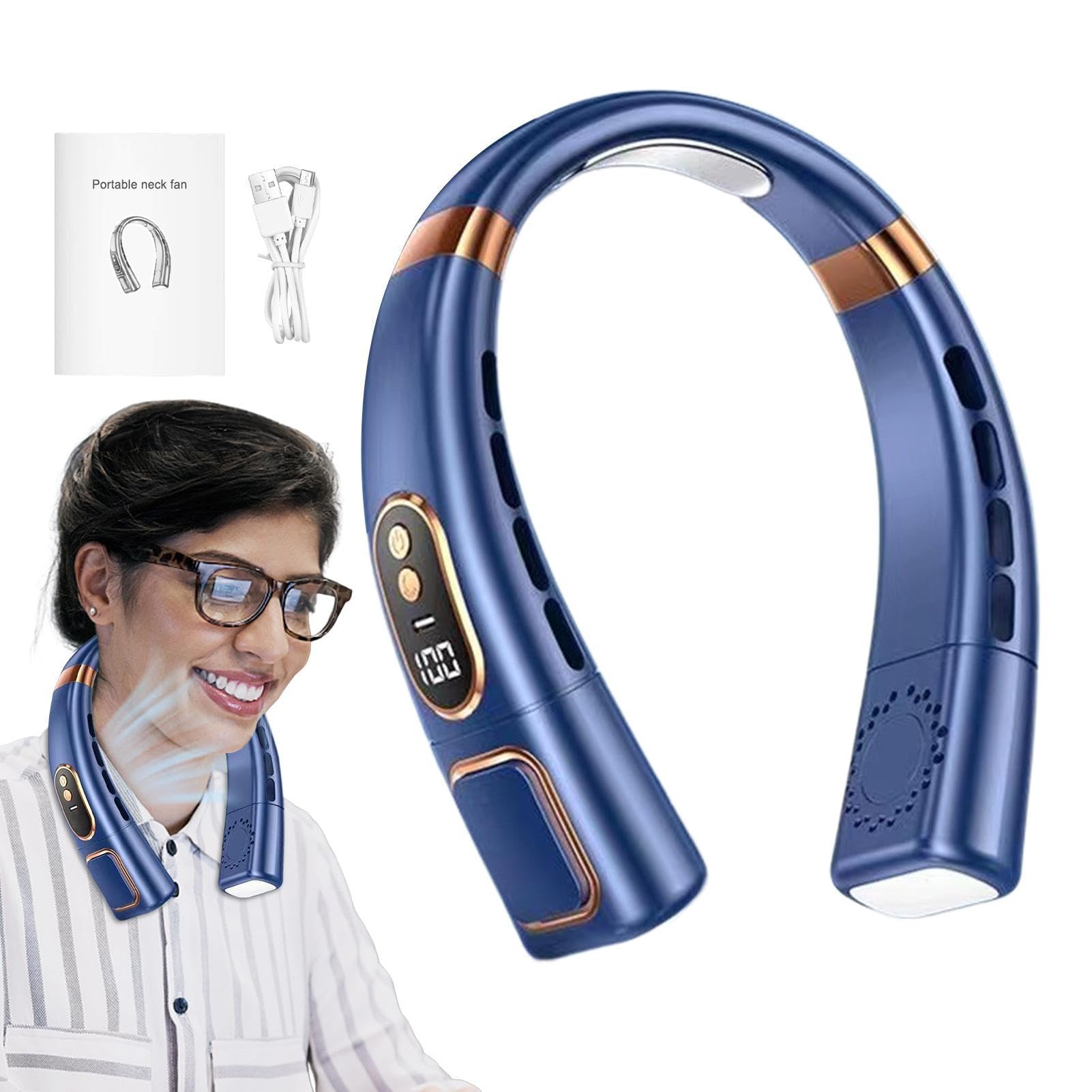 Rianpesn Blue Portable Neck Fan, Bladeless Neck Fan, Wearable Personal Fan With 5 Wind Speed, Rechargeable Hanging Neck Fan, 4000 Mah Battery Operated